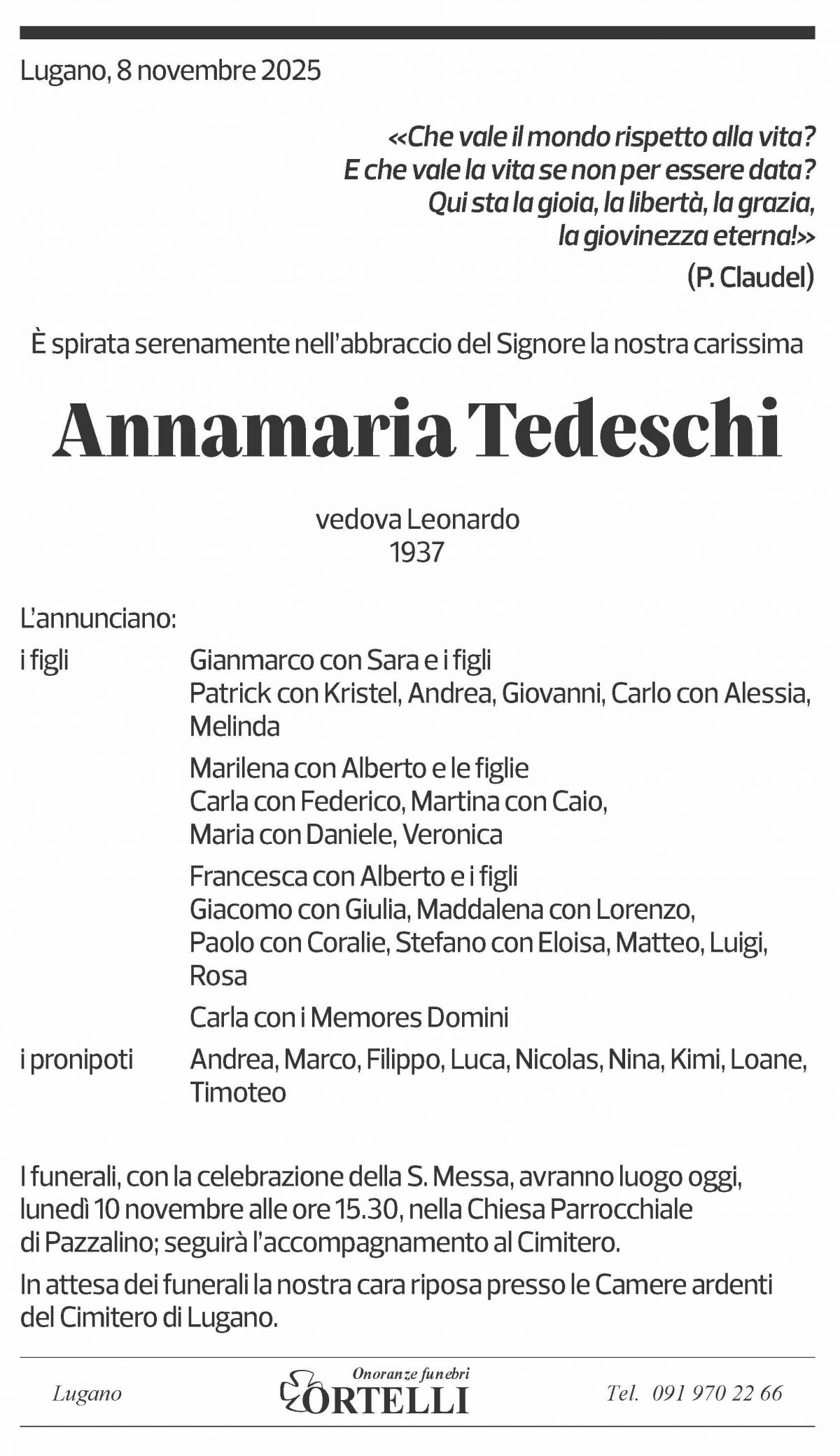 Annuncio funebre Annamaria Tedeschi
