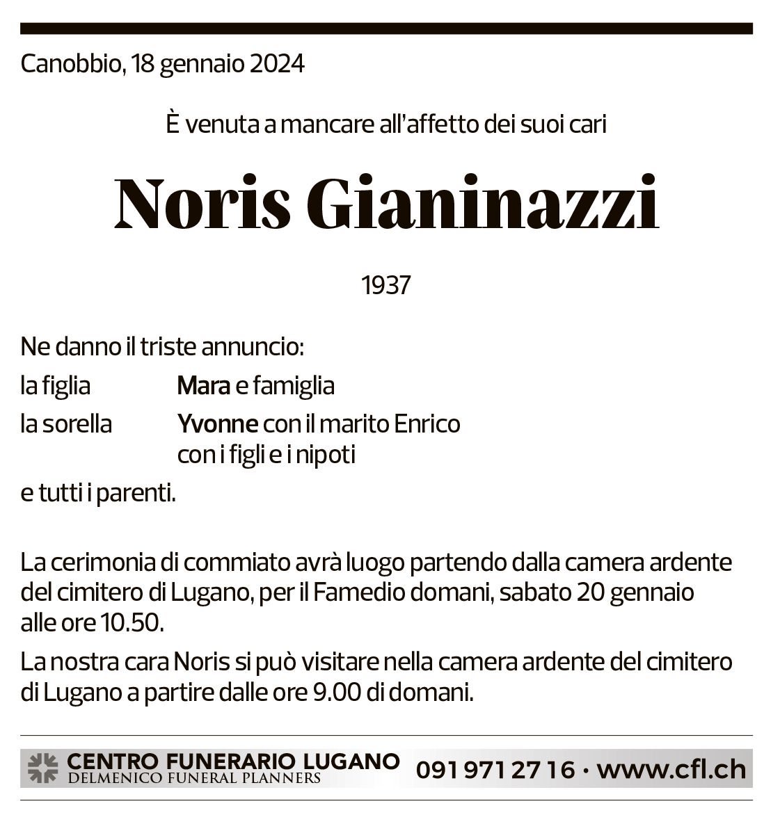 Annuncio funebre Noris Gianinazzi