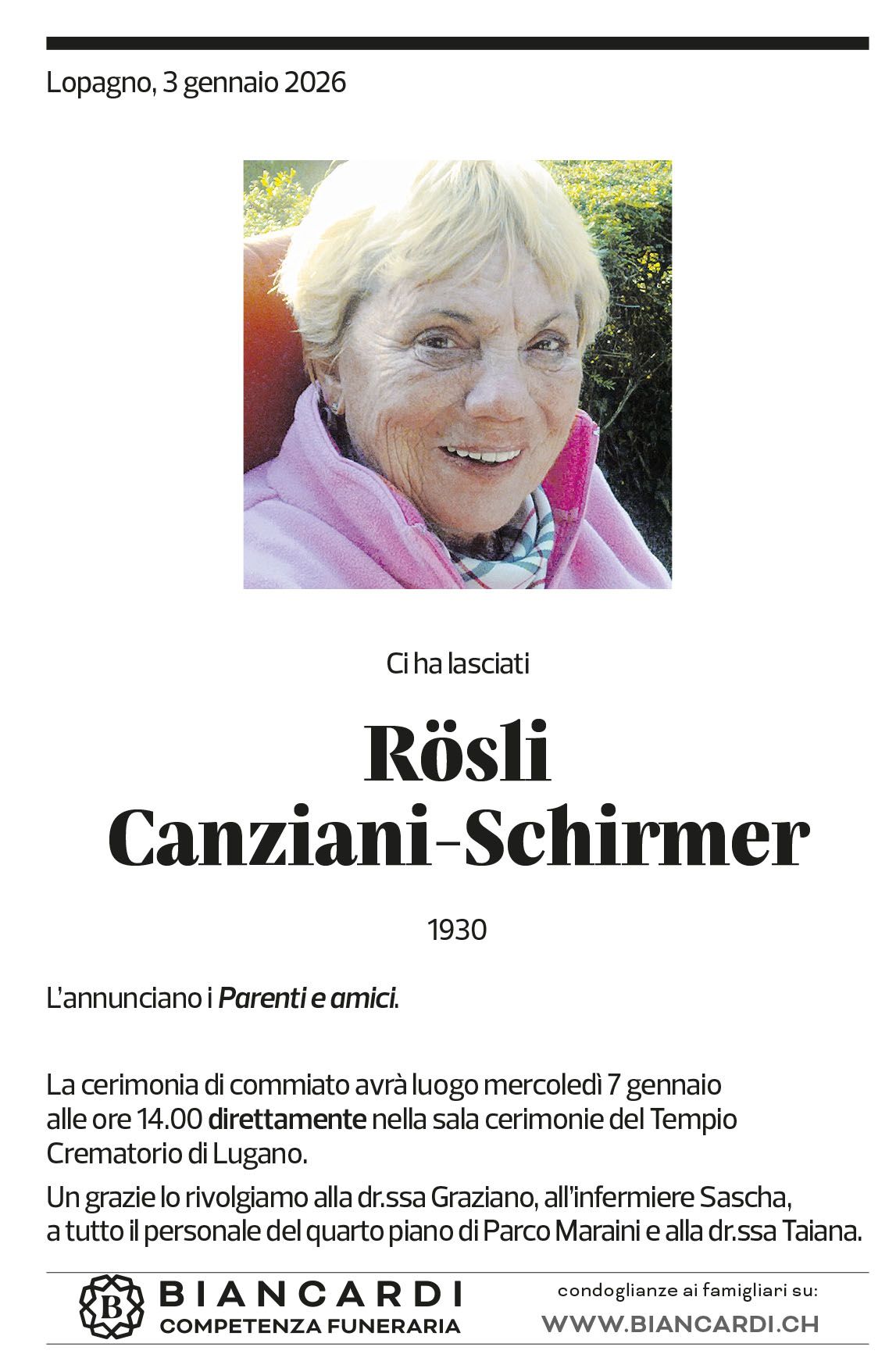 Annuncio funebre Rösli Canziani-schirmer