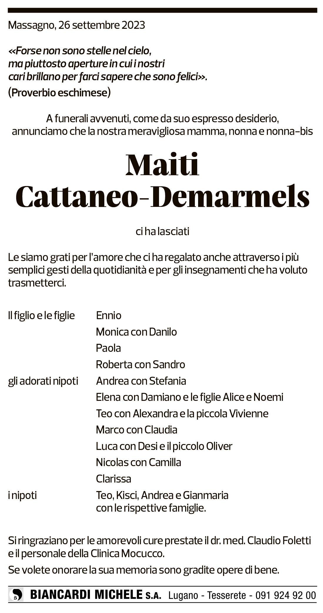 Annuncio funebre Maiti Cattaneo-demarmels