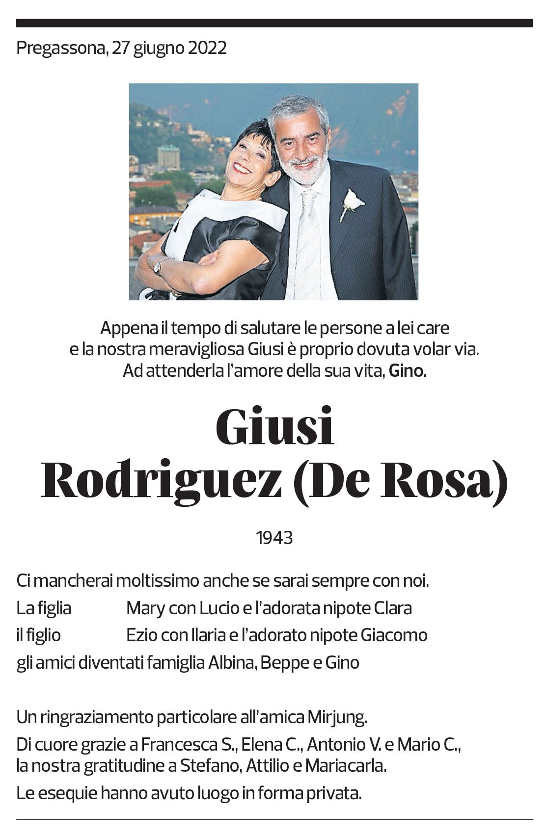 Annuncio funebre Giusi Rodriguez (de Rosa)