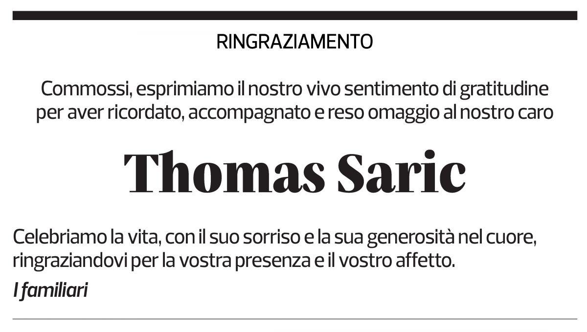 Annuncio funebre Thomas Saric