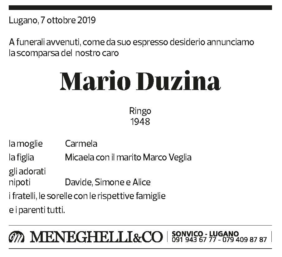 Annuncio funebre Mario Duzina