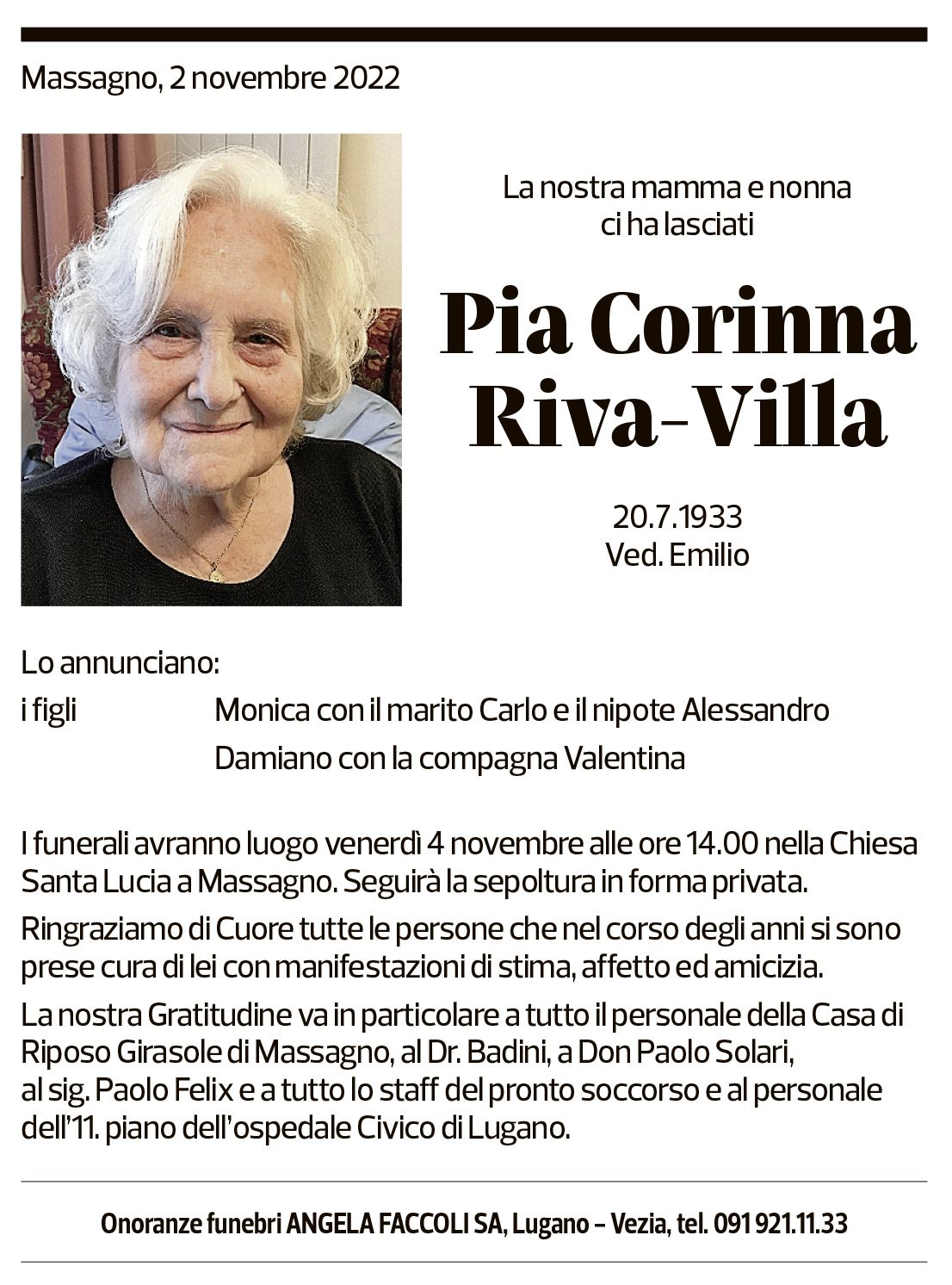 Annuncio funebre Pia Corinna Riva-villa