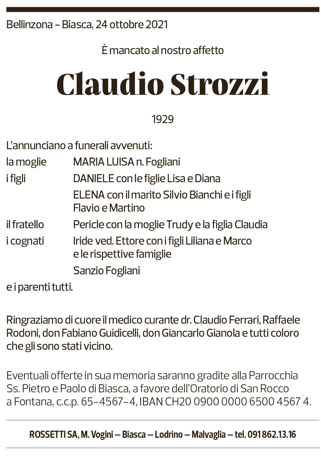 Annuncio funebre Claudio Strozzi