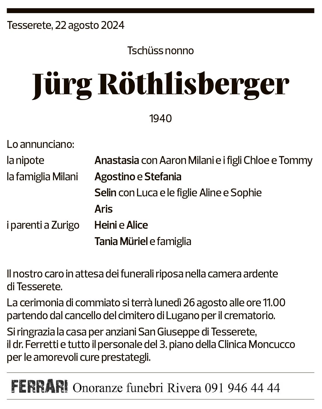 Annuncio funebre Jürg Röthlisberger