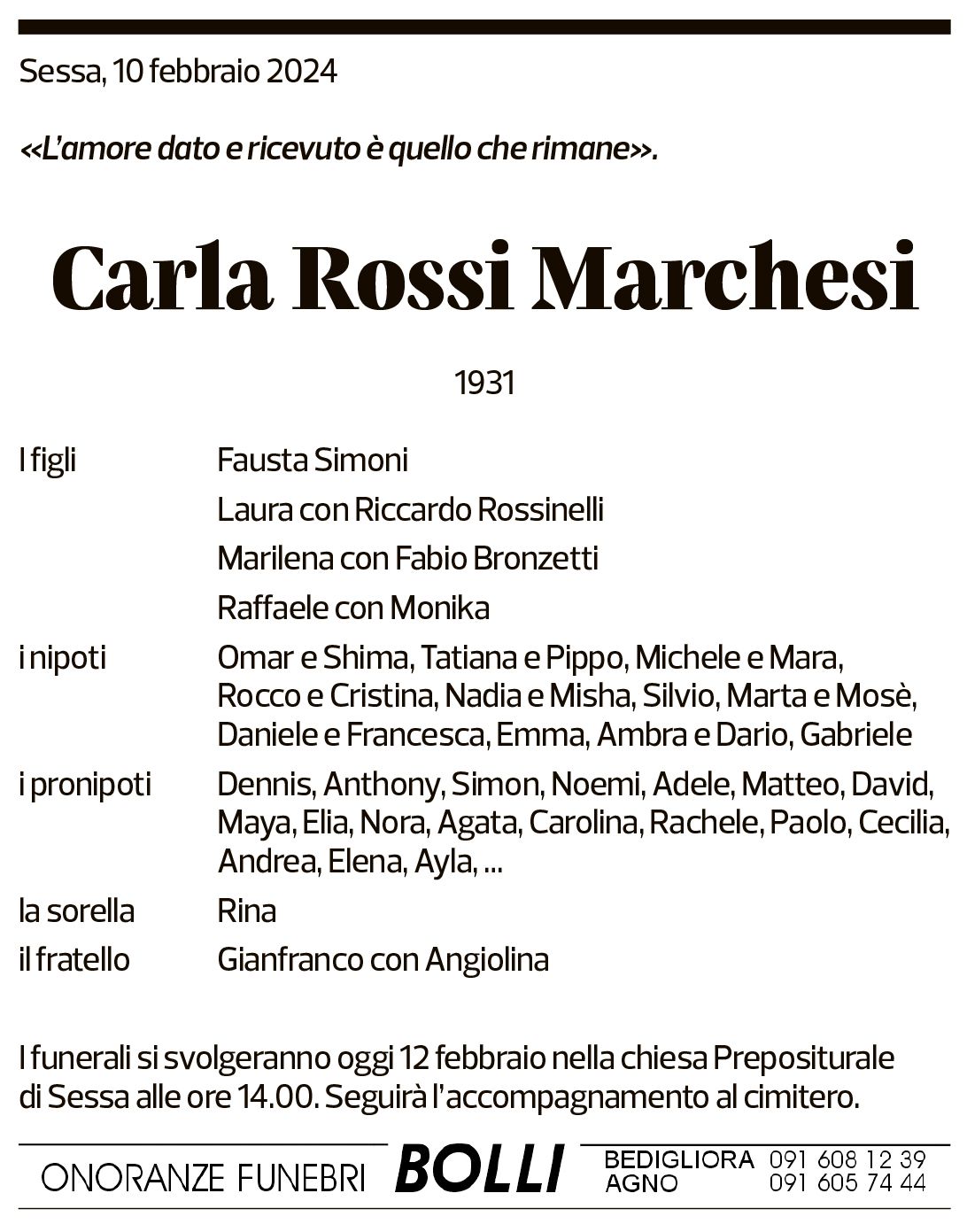 Annuncio funebre Carla Rossi Marchesi