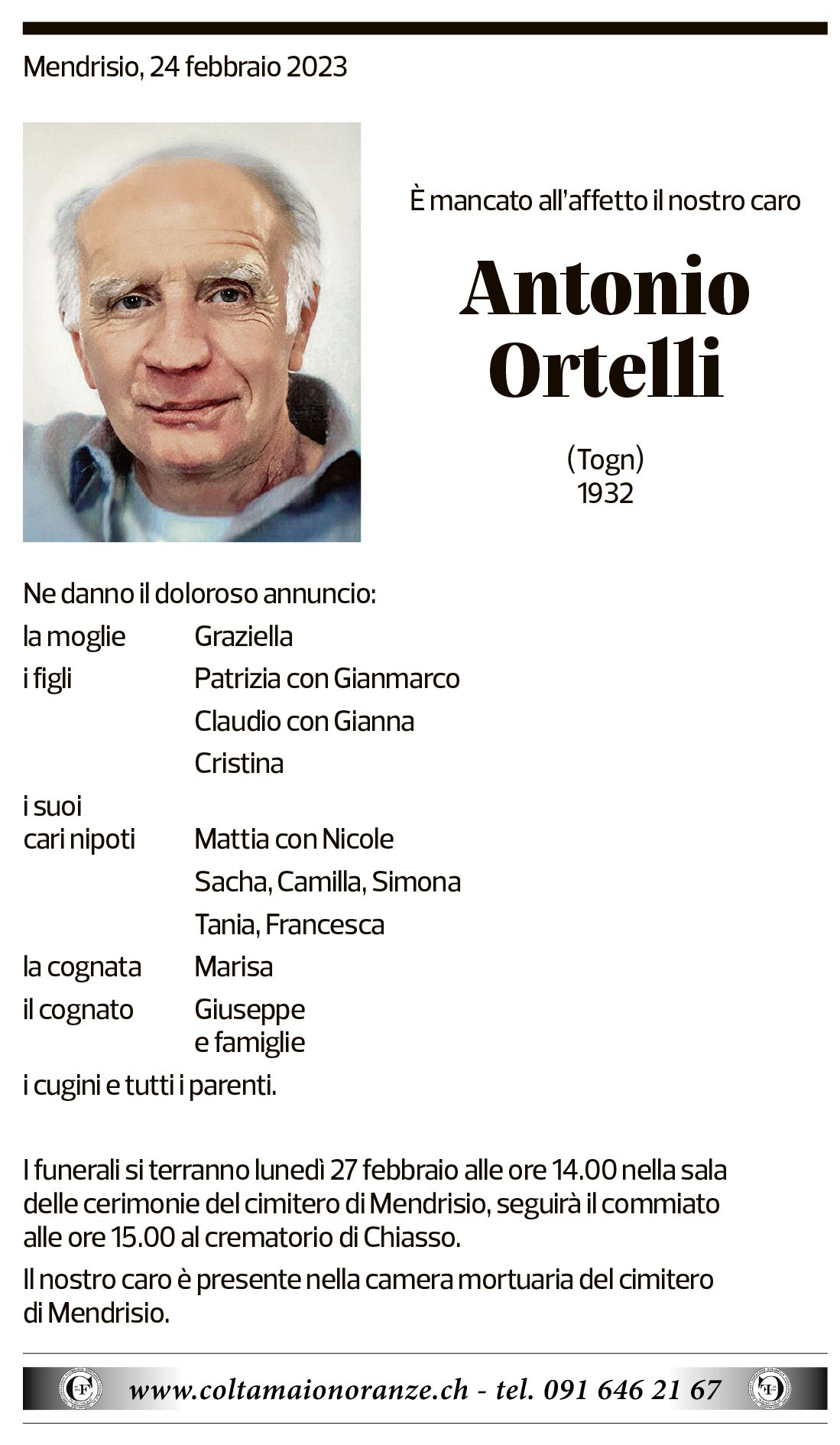 Annuncio funebre Antonio Ortelli