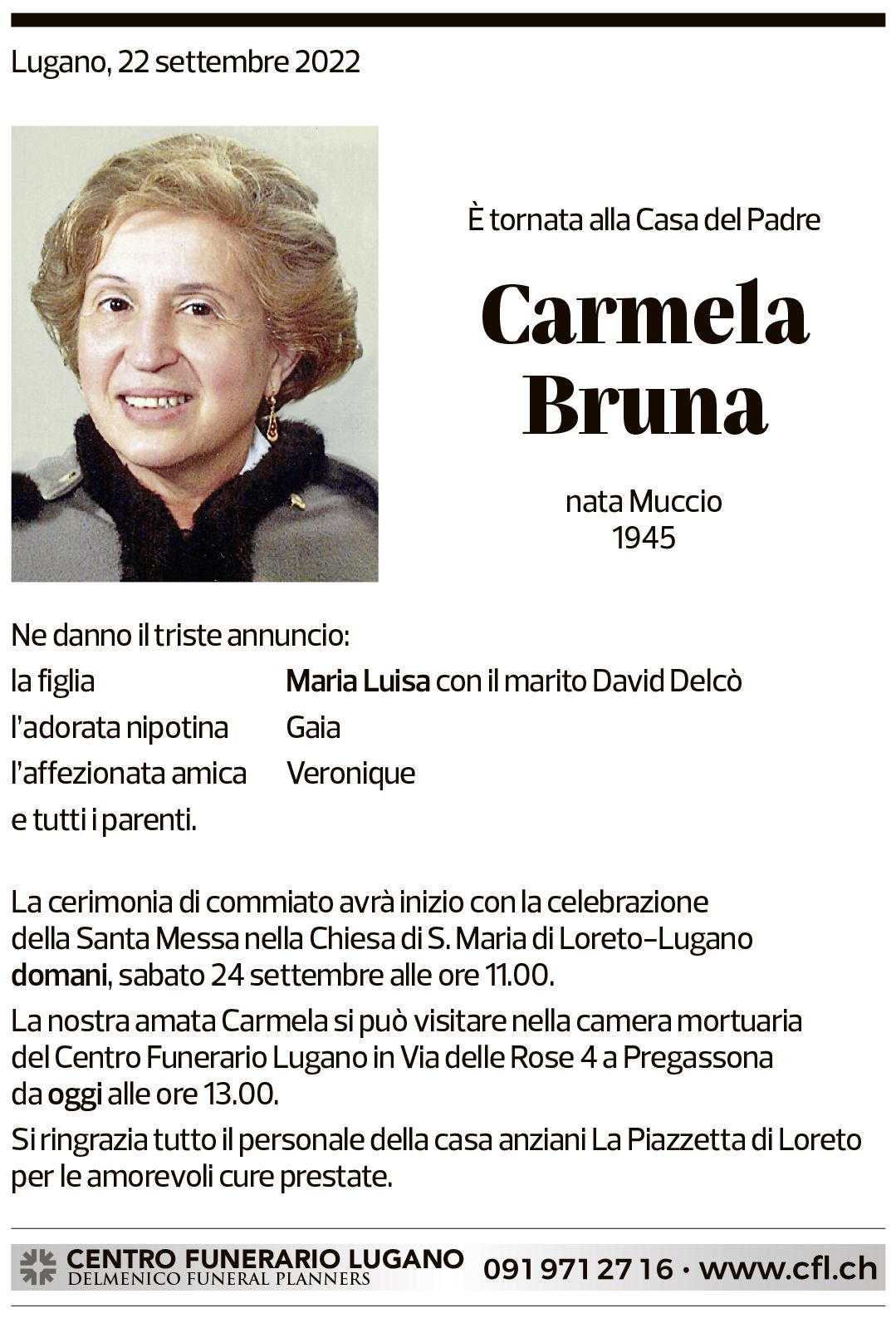 Annuncio funebre Carmela Bruna