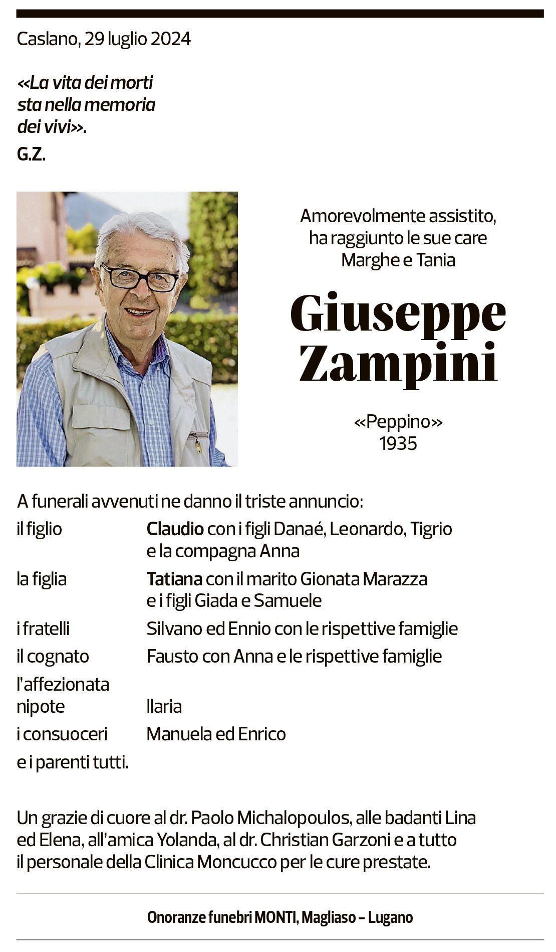 Annuncio funebre Giuseppe Zampini