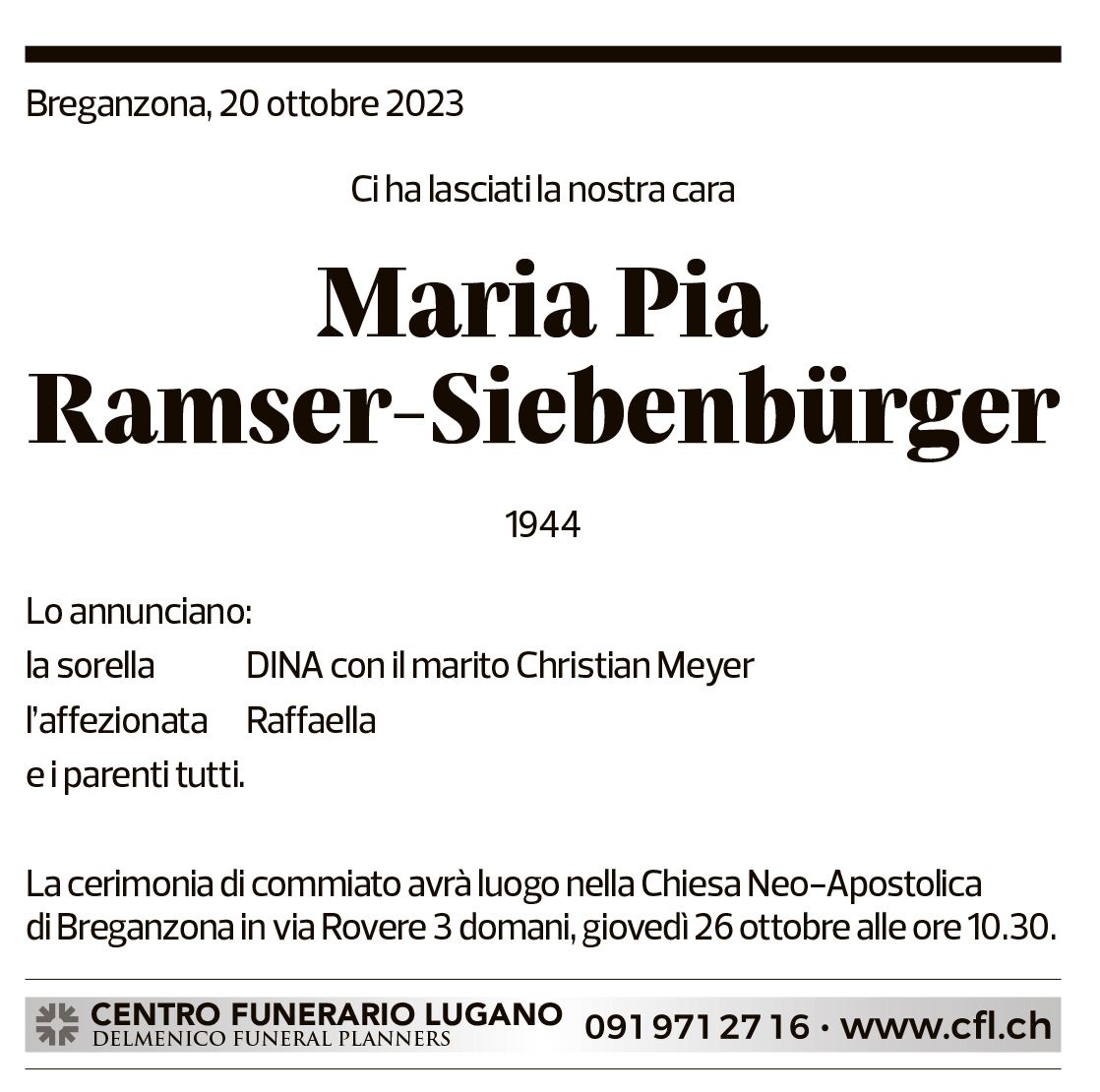 Annuncio funebre Maria Pia Ramser-siebenbürger