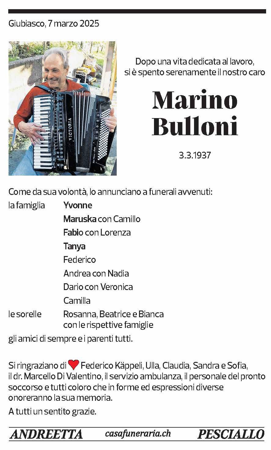 Annuncio funebre Marino Bulloni