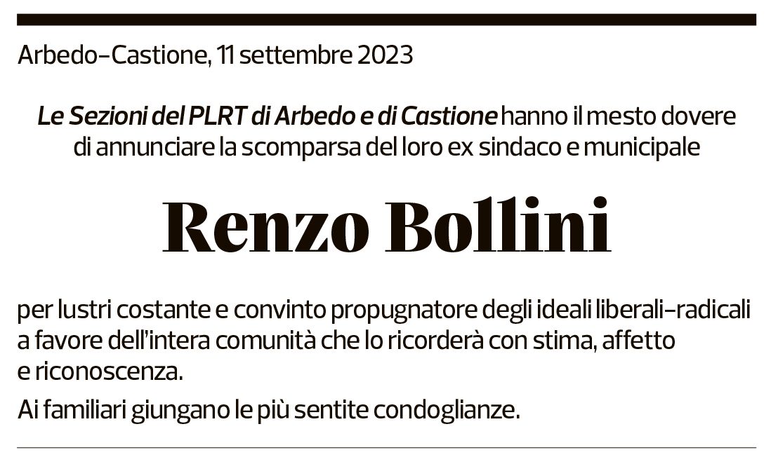 Annuncio funebre Renzo Bollini