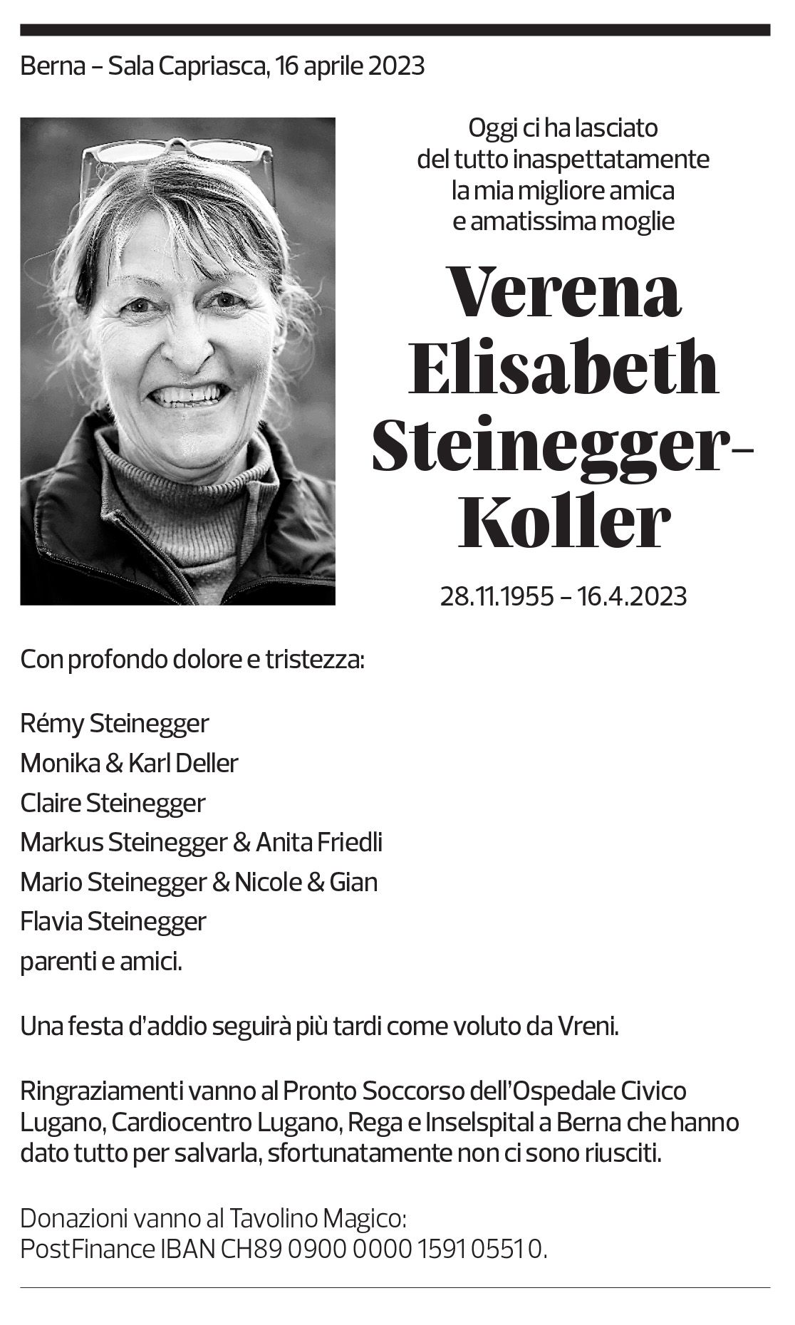 Annuncio funebre Verena Elisabeth Steinegger-koller