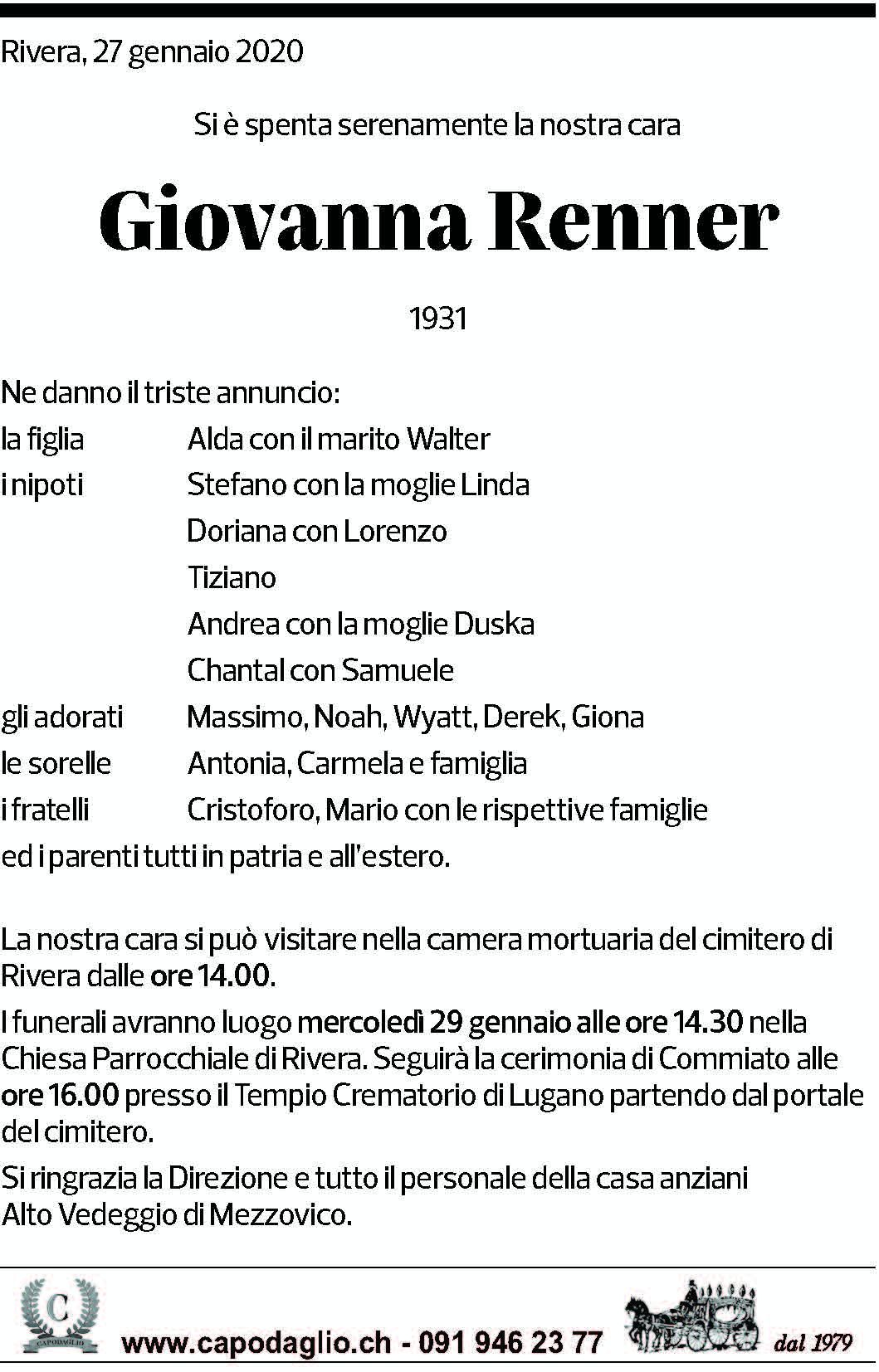 Annuncio funebre Giovanna Renner