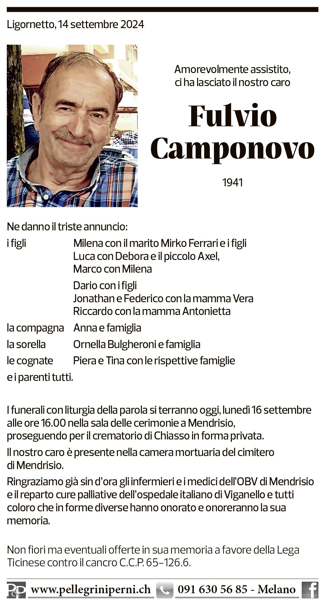 Annuncio funebre Fulvio Camponovo