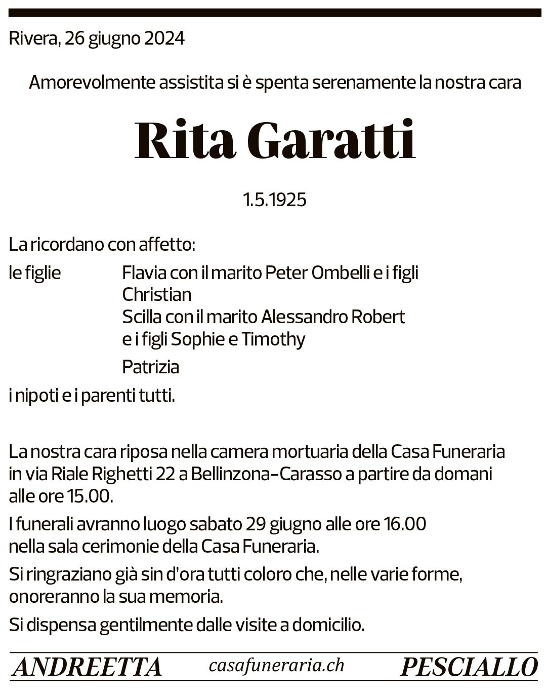 Annuncio funebre Rita Garatti