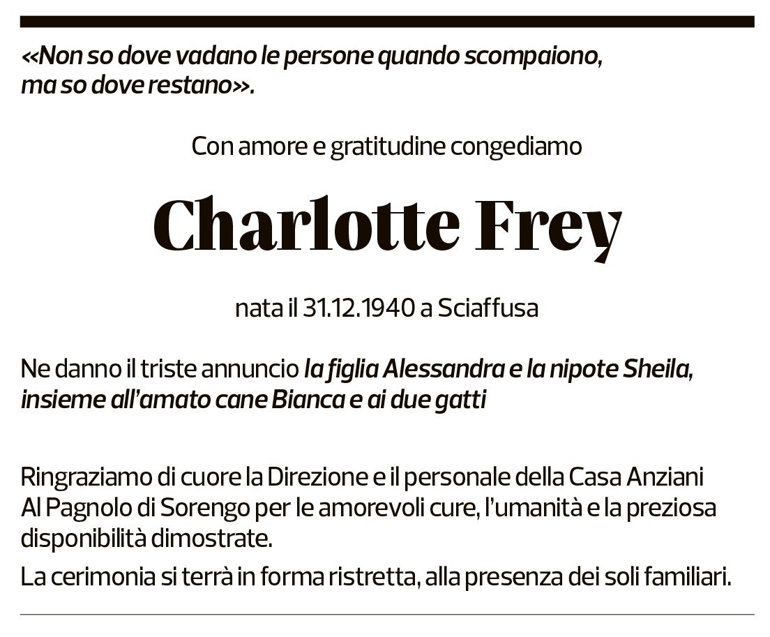 Annuncio funebre Charlotte Frey