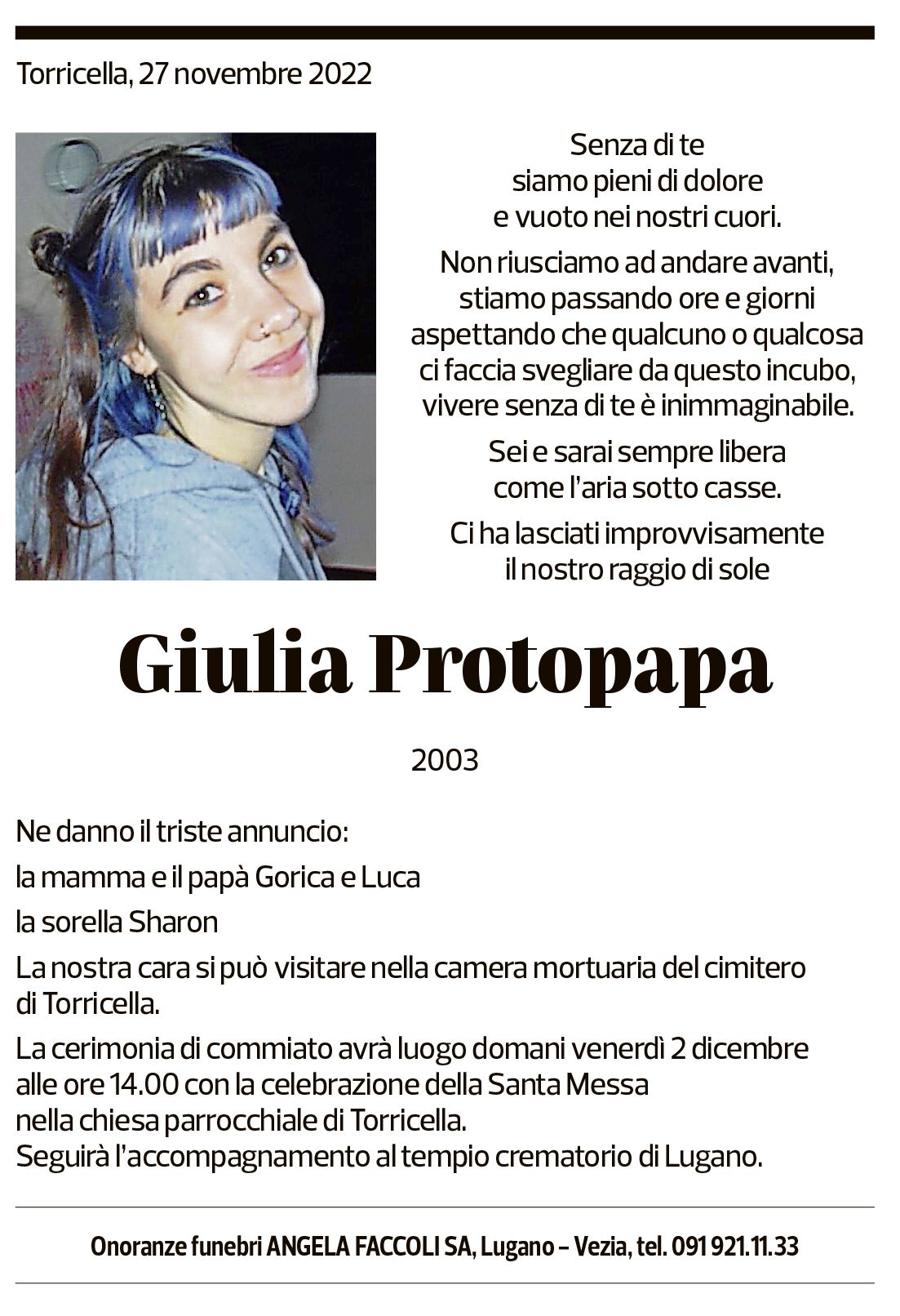 Annuncio funebre Giulia Protopapa