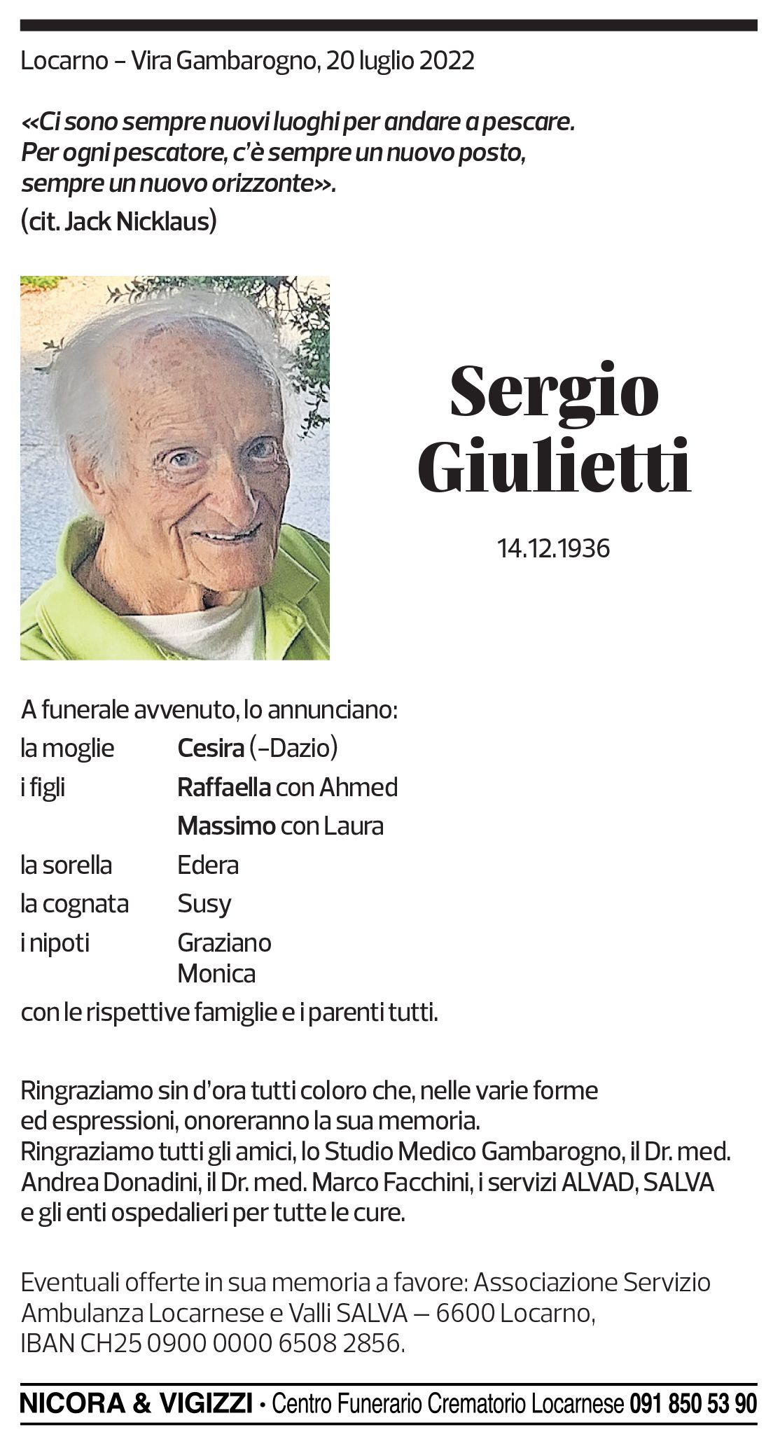 Annuncio funebre Sergio Giulietti