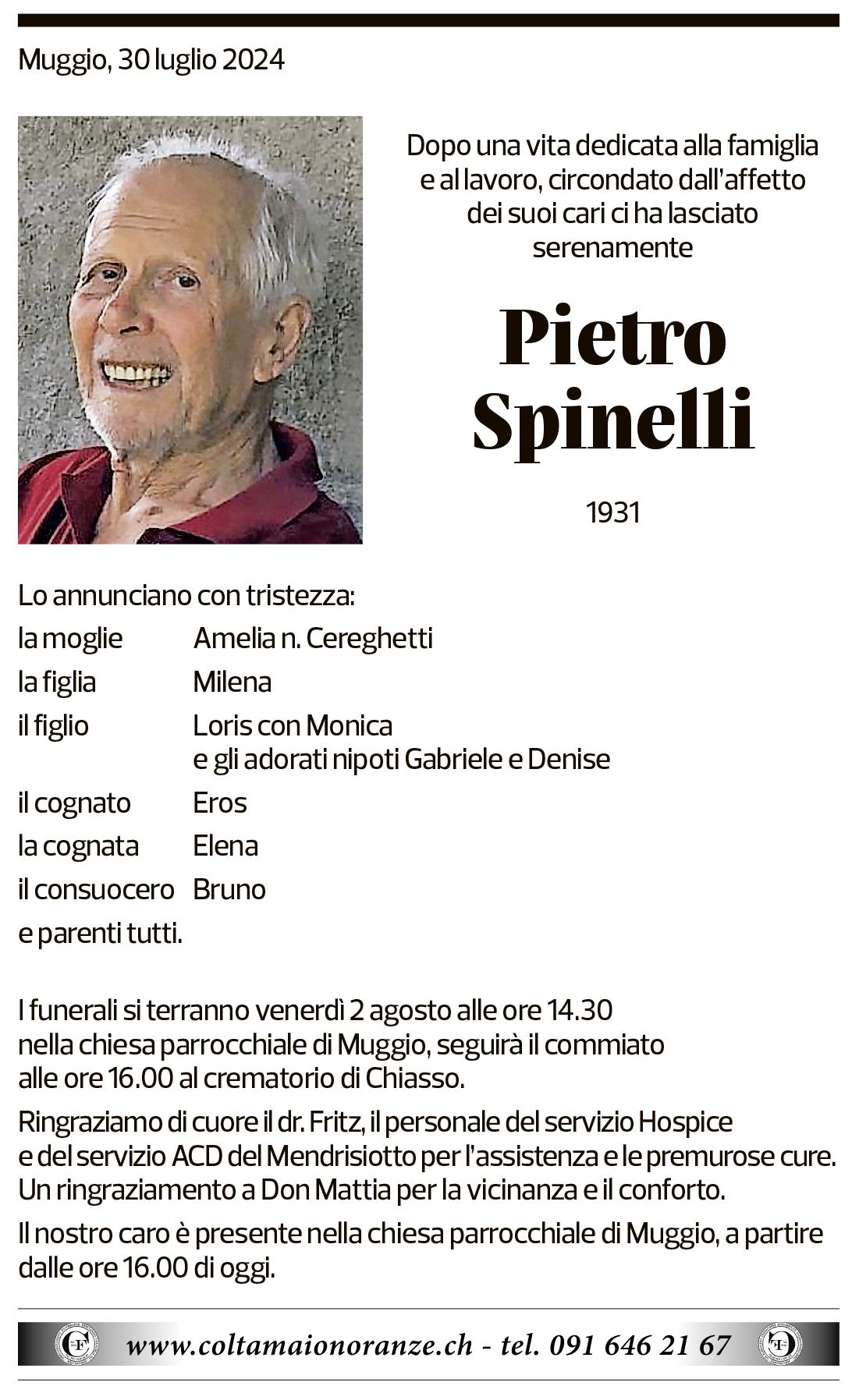 Annuncio funebre Pietro Spinelli