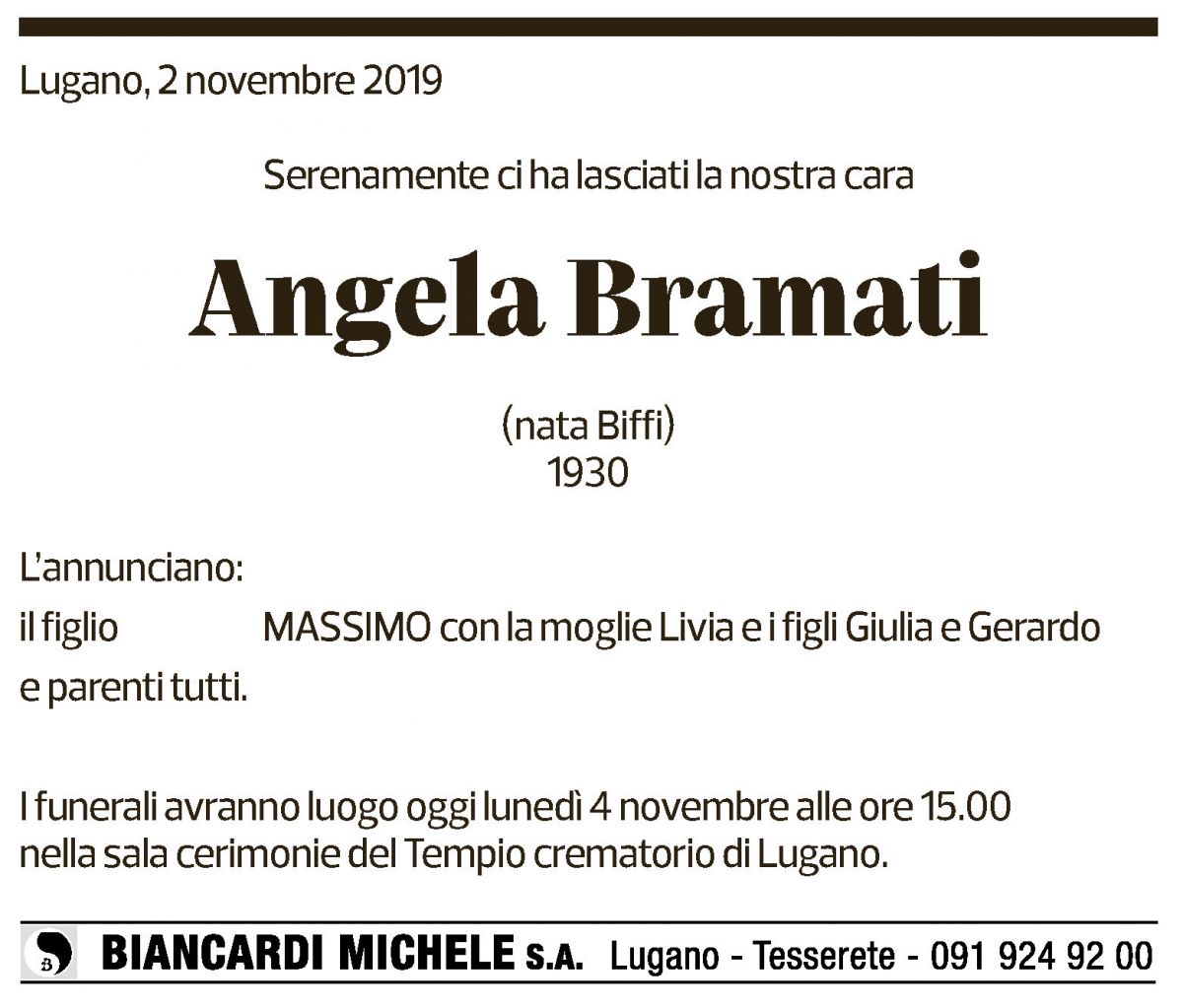 Annuncio funebre Angela Bramati