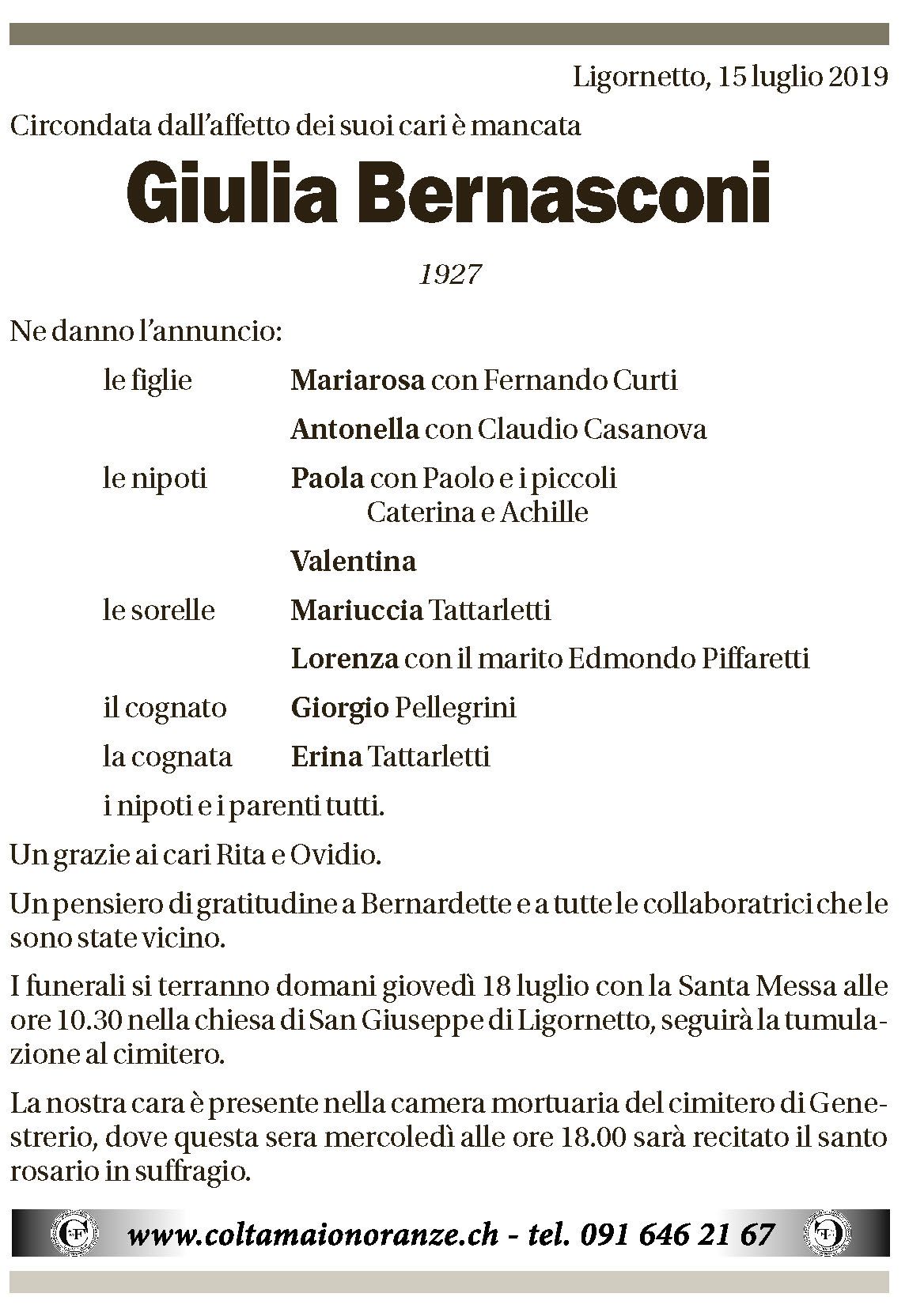Annuncio funebre Giulia Bernasconi