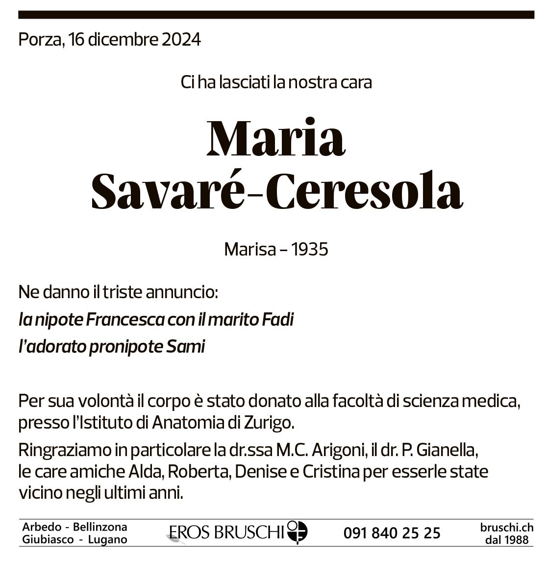 Annuncio funebre Maria Savaré-ceresola