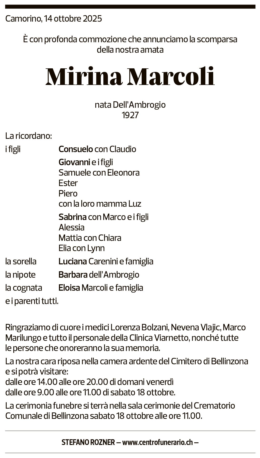Annuncio funebre Mirina Marcoli