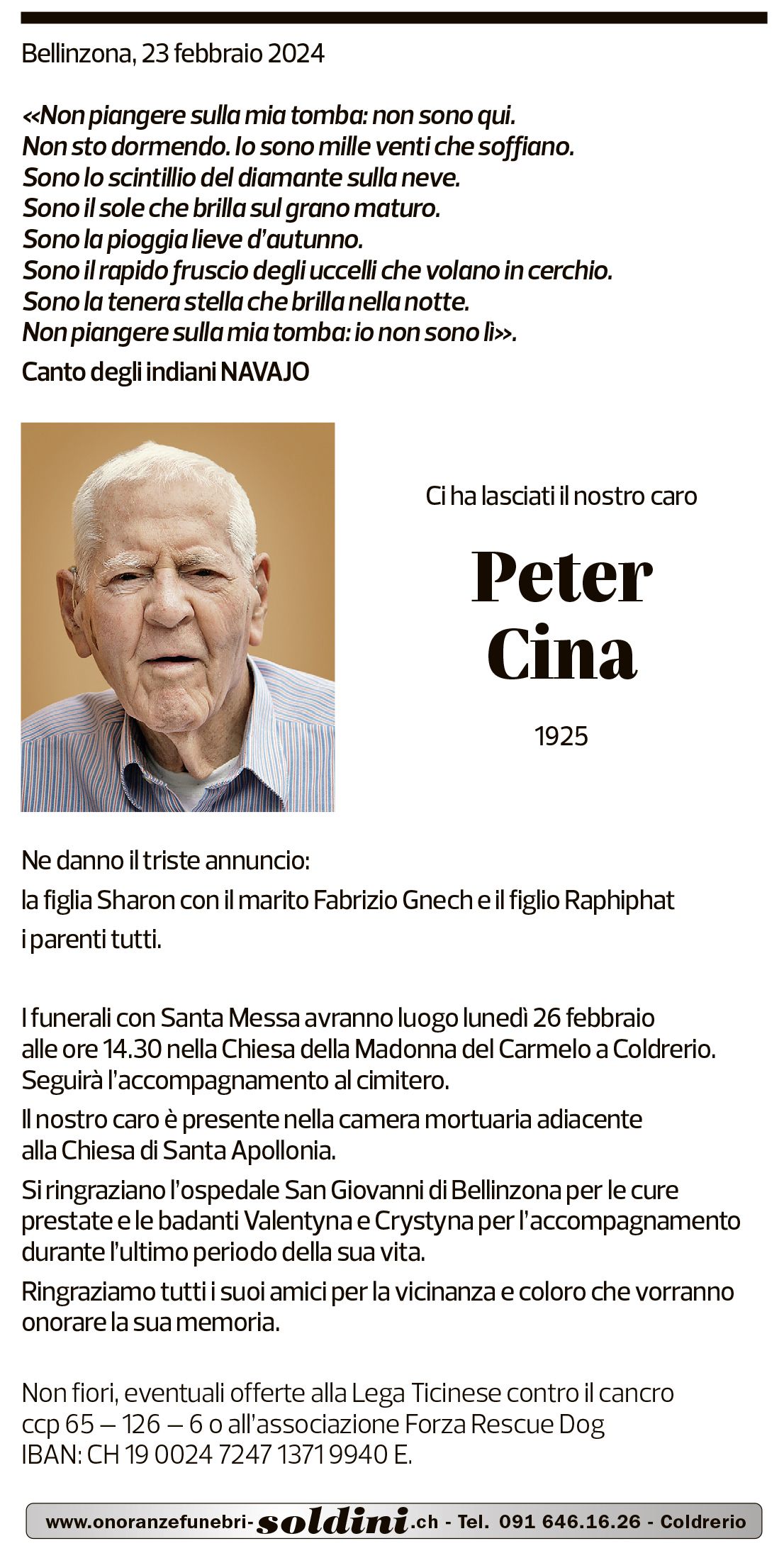 Annuncio funebre Peter Cina