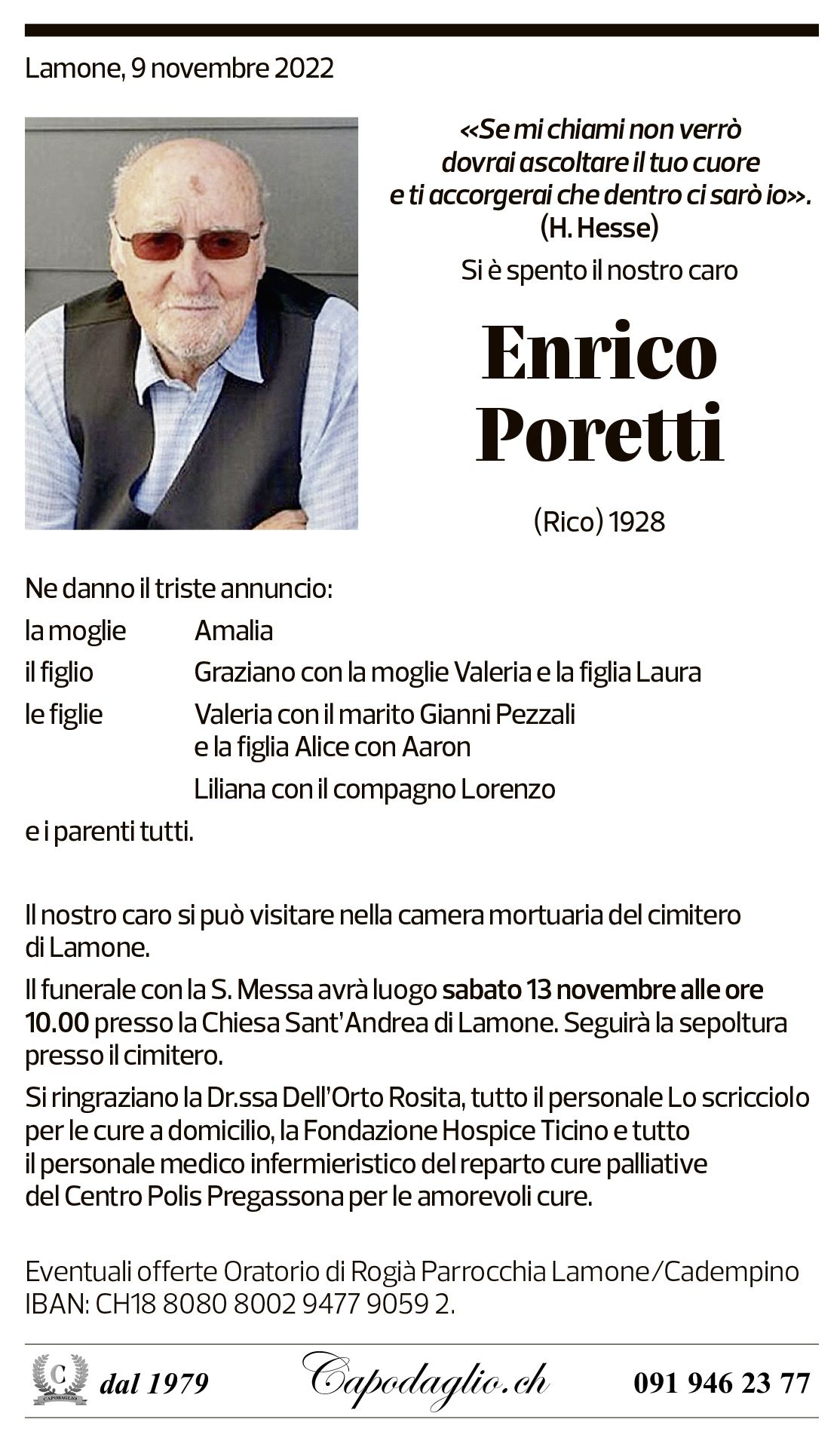 Annuncio funebre Enrico Poretti