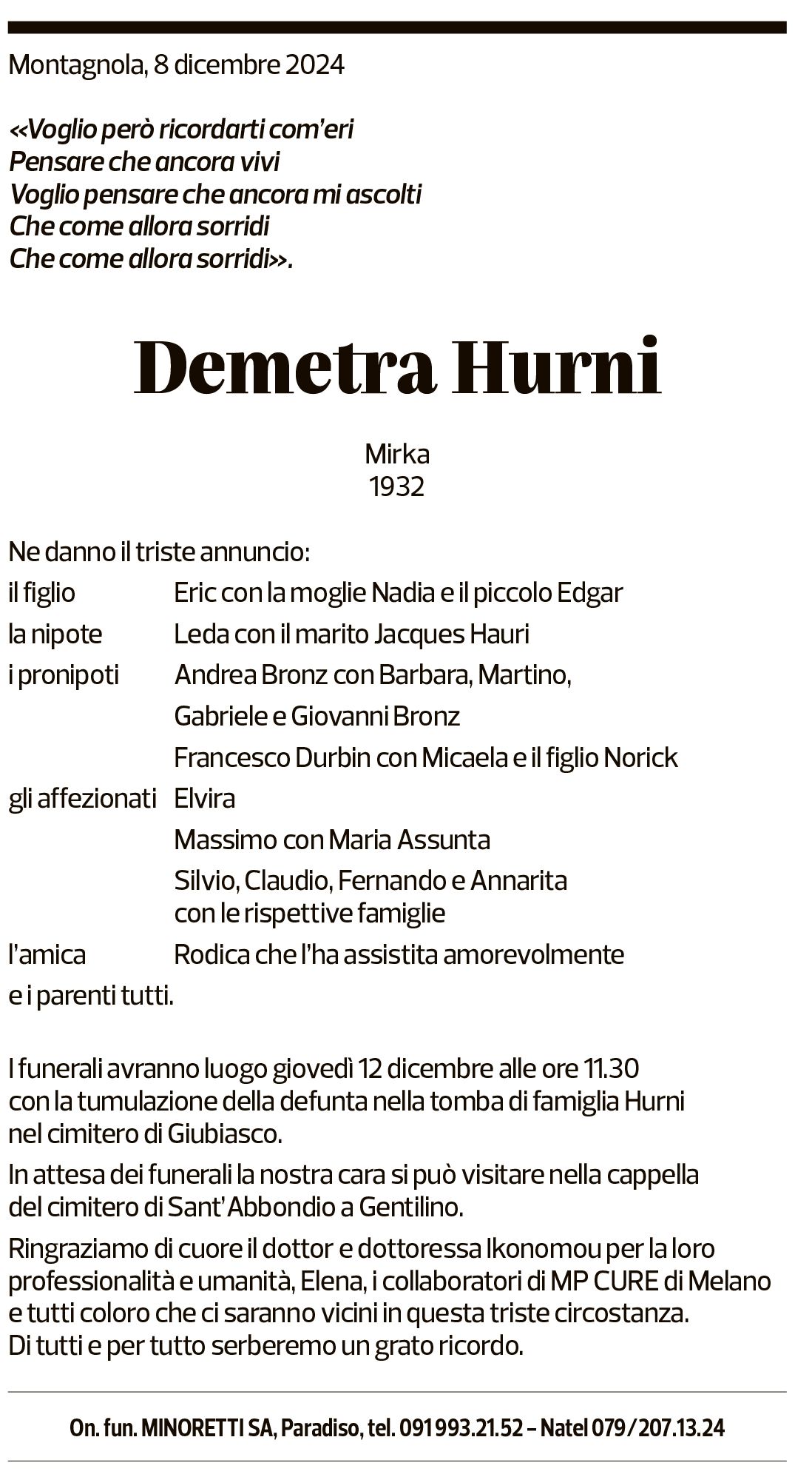 Annuncio funebre Demetra Hurni