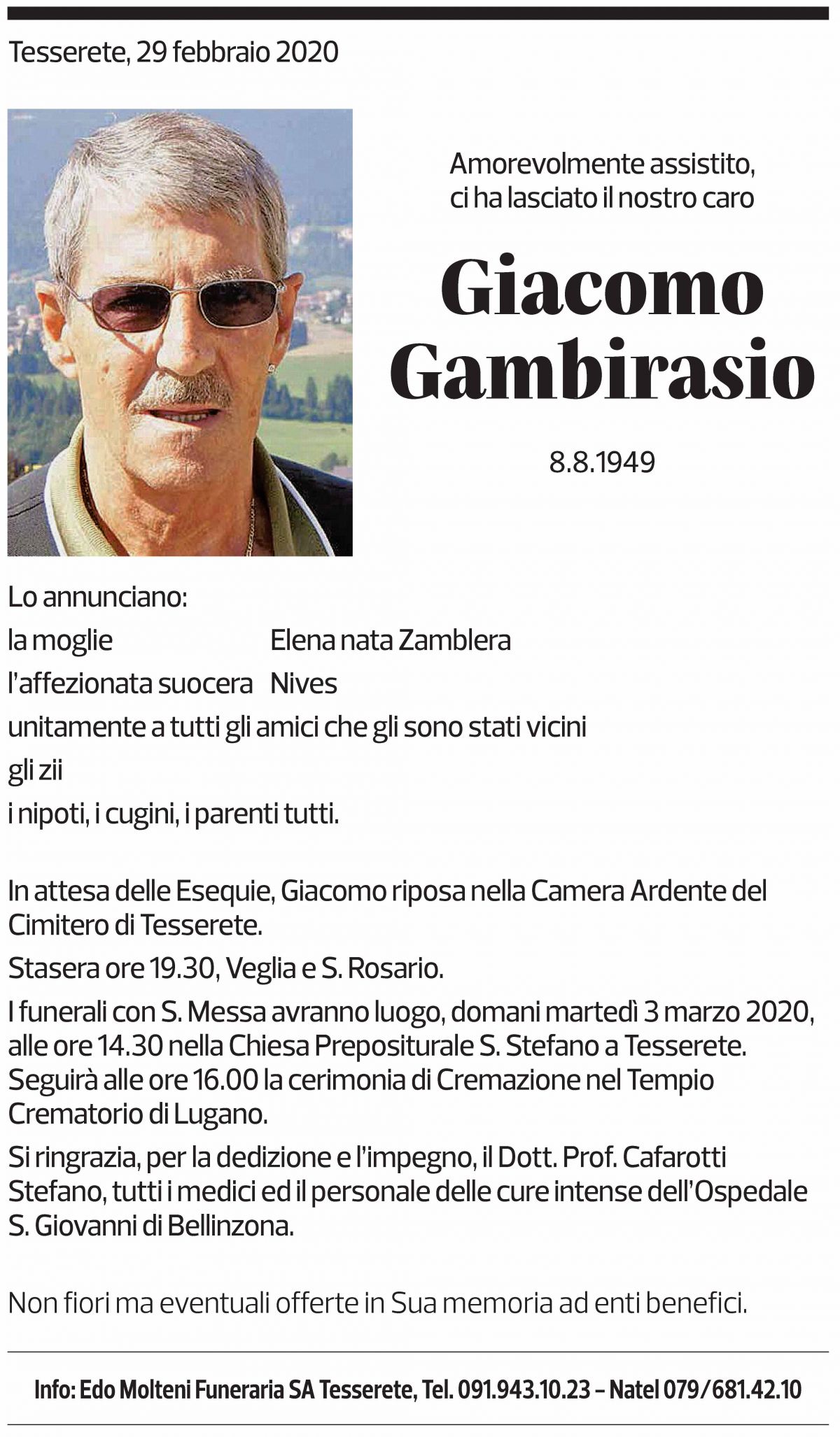 Annuncio funebre Giacomo Gambirasio