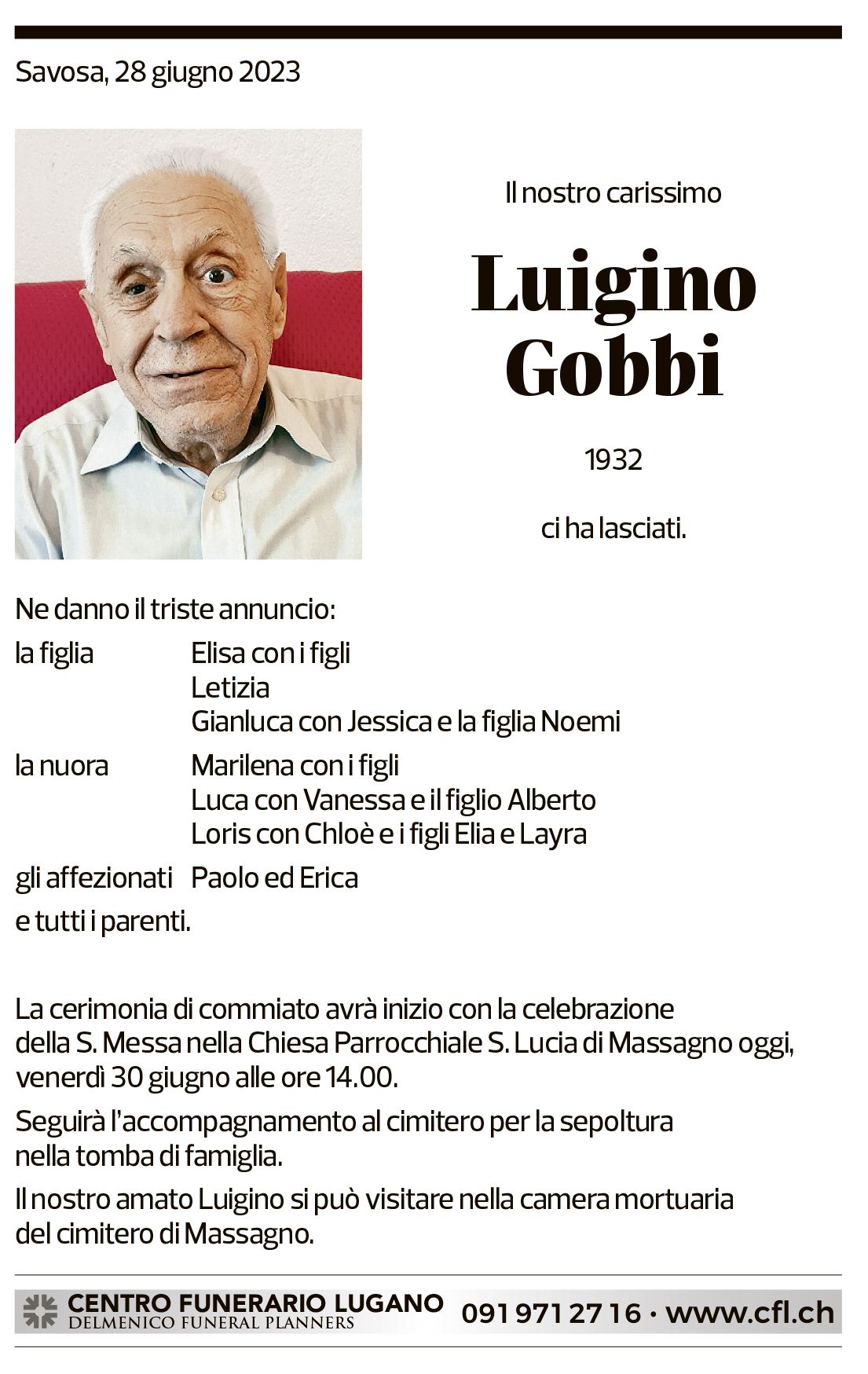 Annuncio funebre Luigino Gobbi