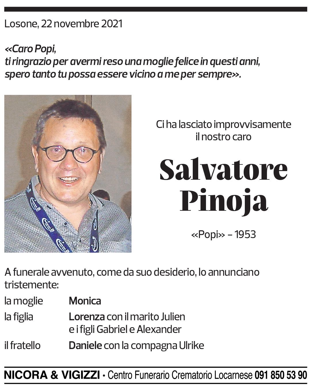 Annuncio funebre Salvatore Pinoja