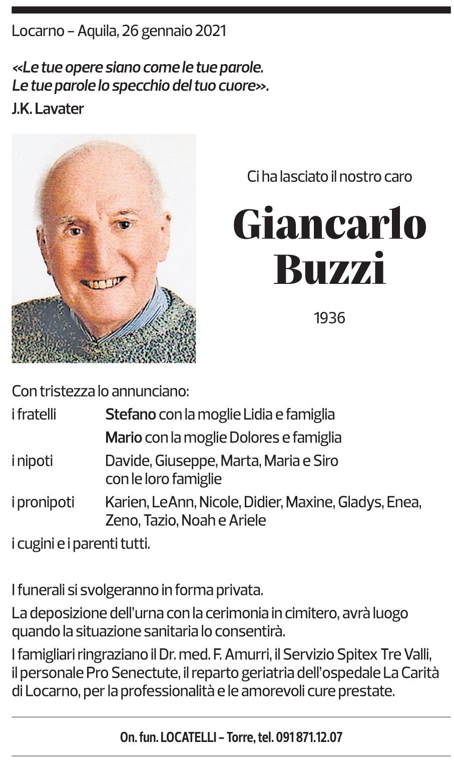 Annuncio funebre Giancarlo Buzzi