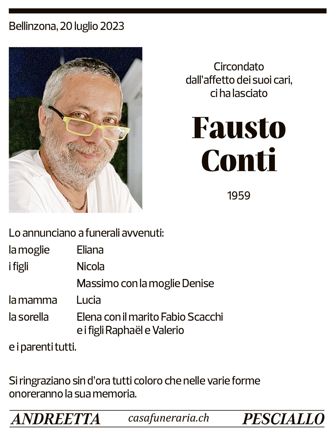 Annuncio funebre Fausto Conti