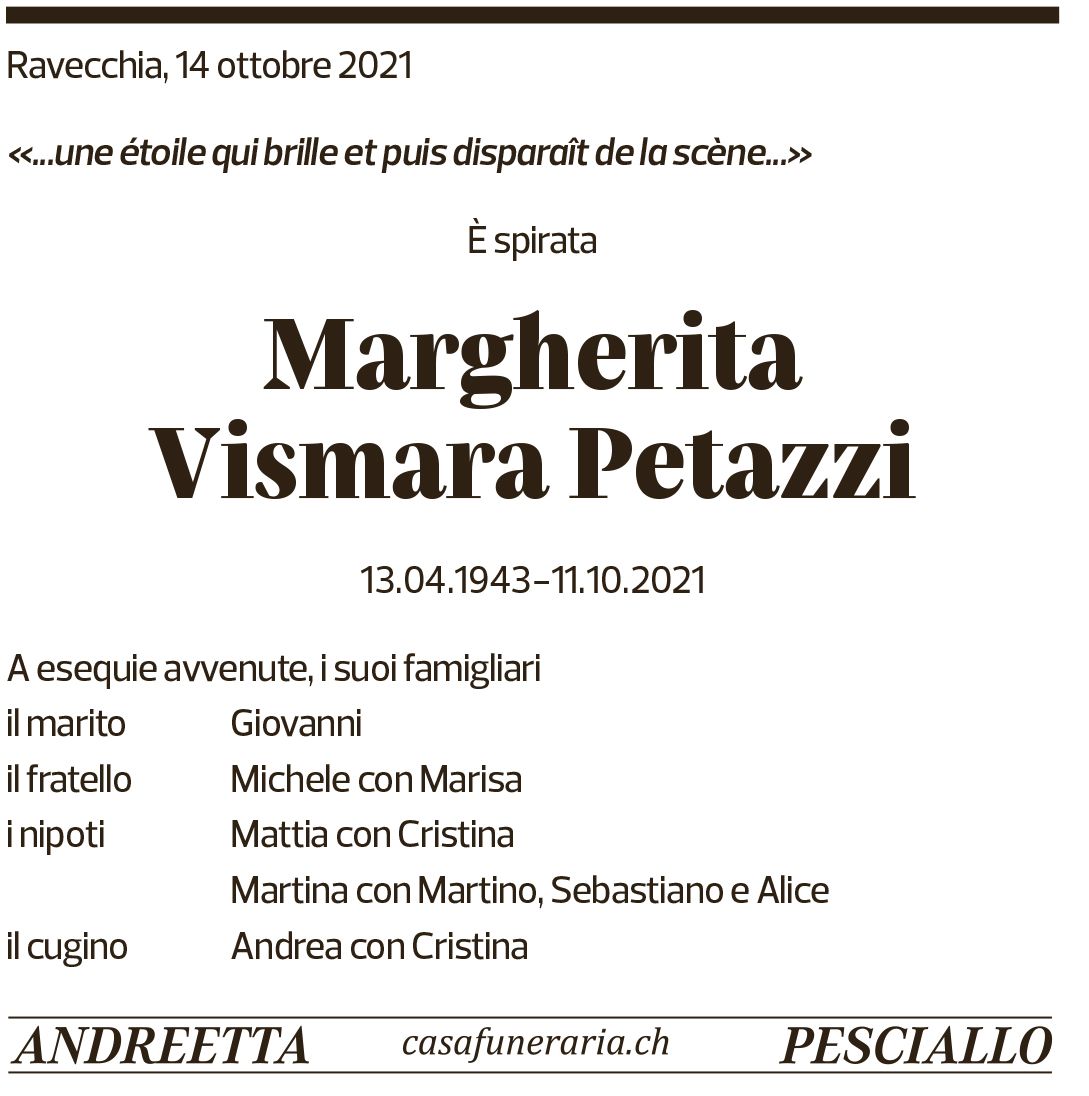 Annuncio funebre Margherita Vismara Petazzi