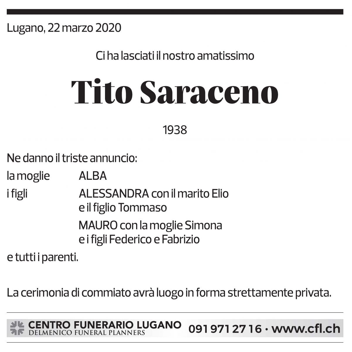 Annuncio funebre Tito Saraceno