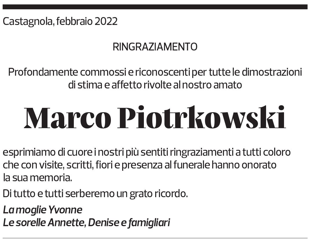 Annuncio funebre Marco Piotrkowski