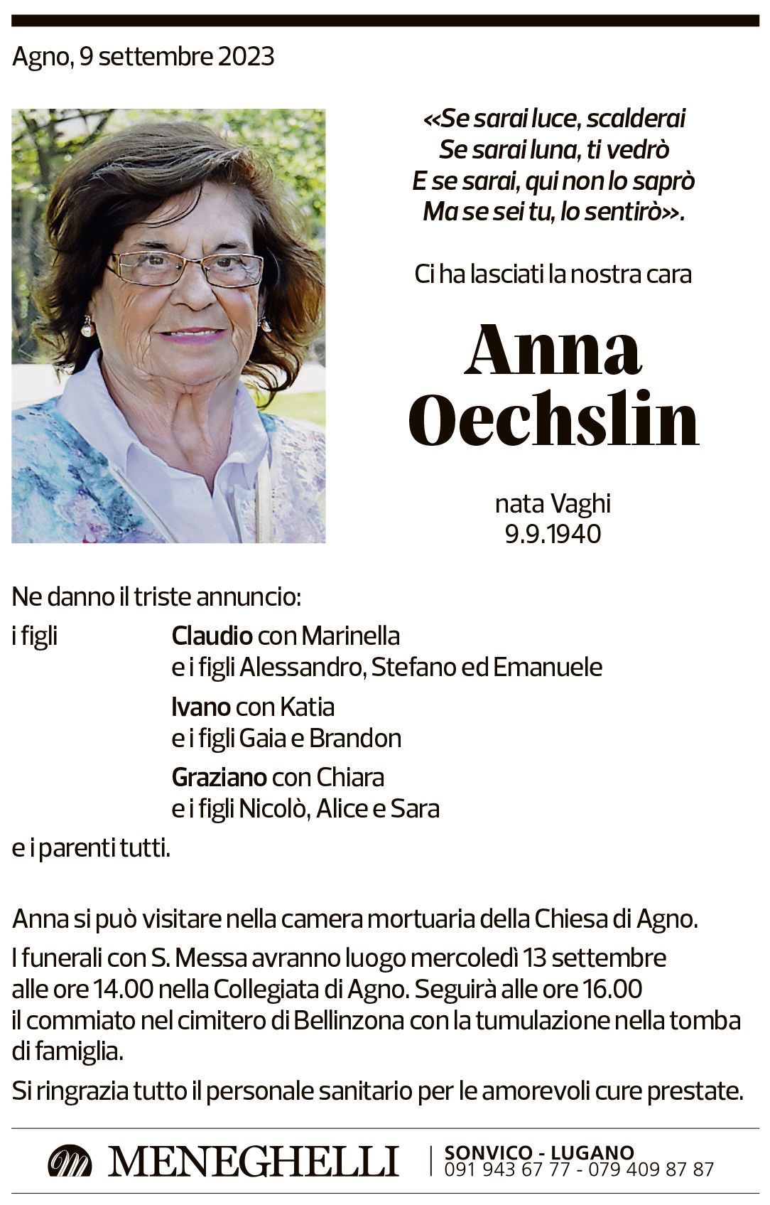 Annuncio funebre Anna Oechslin