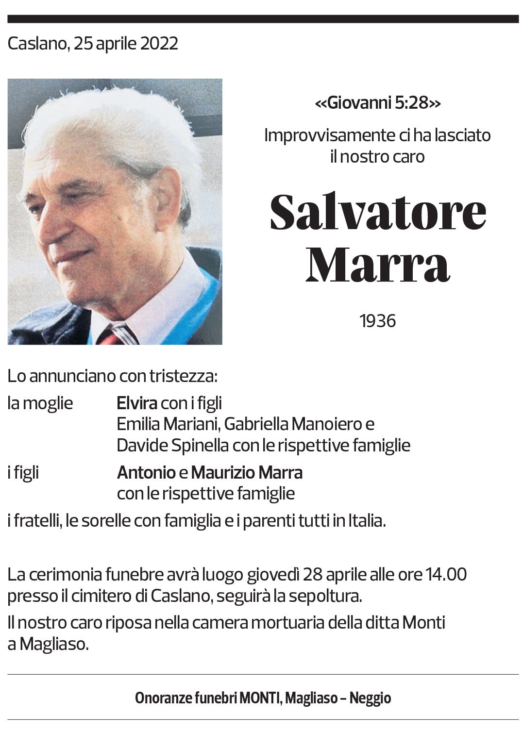 Annuncio funebre Salvatore Marra