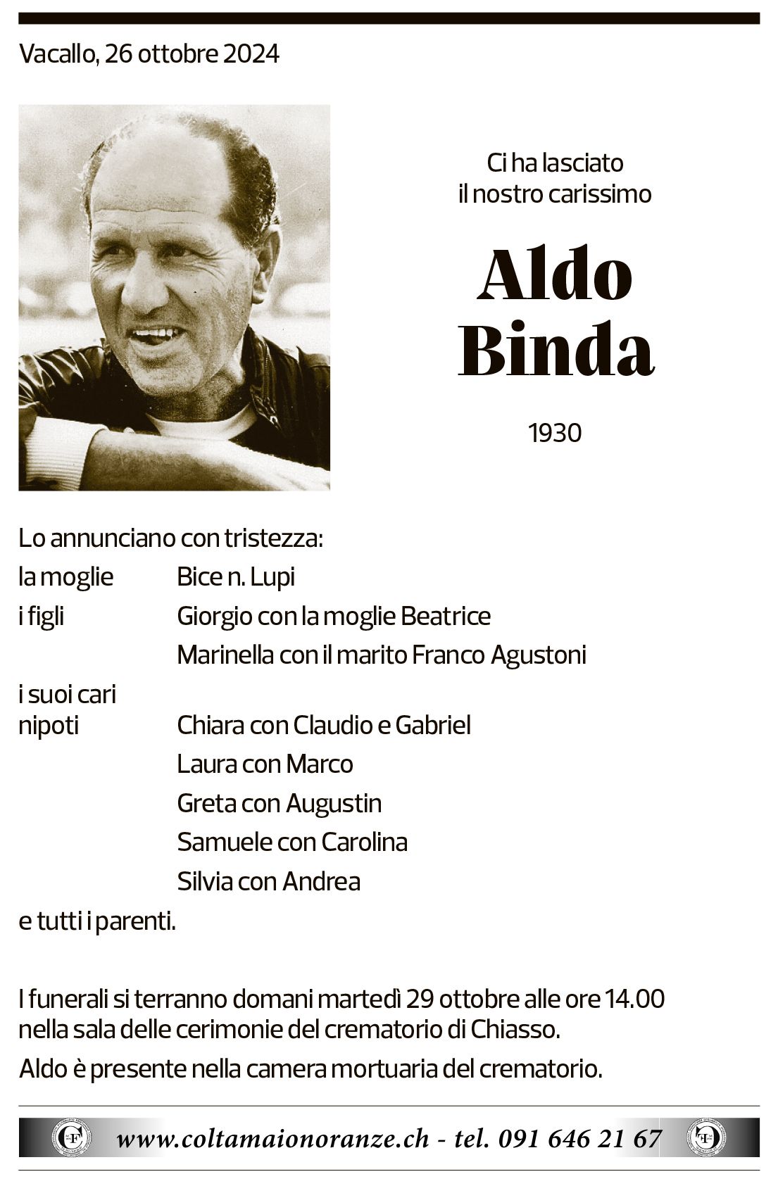 Annuncio funebre Aldo Binda