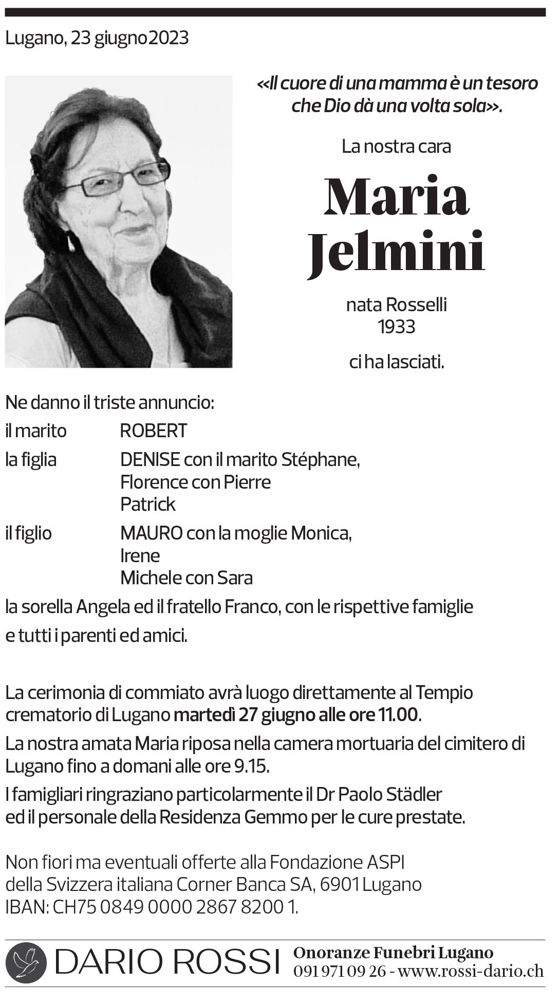 Annuncio funebre Maria Jelmini