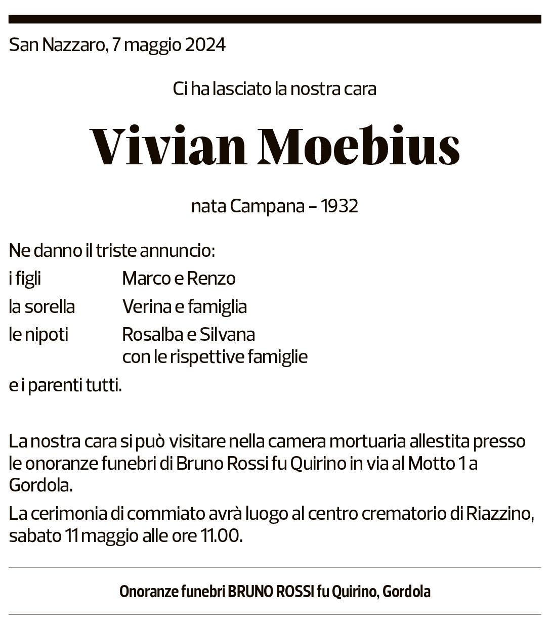 Annuncio funebre Vivian Moebius