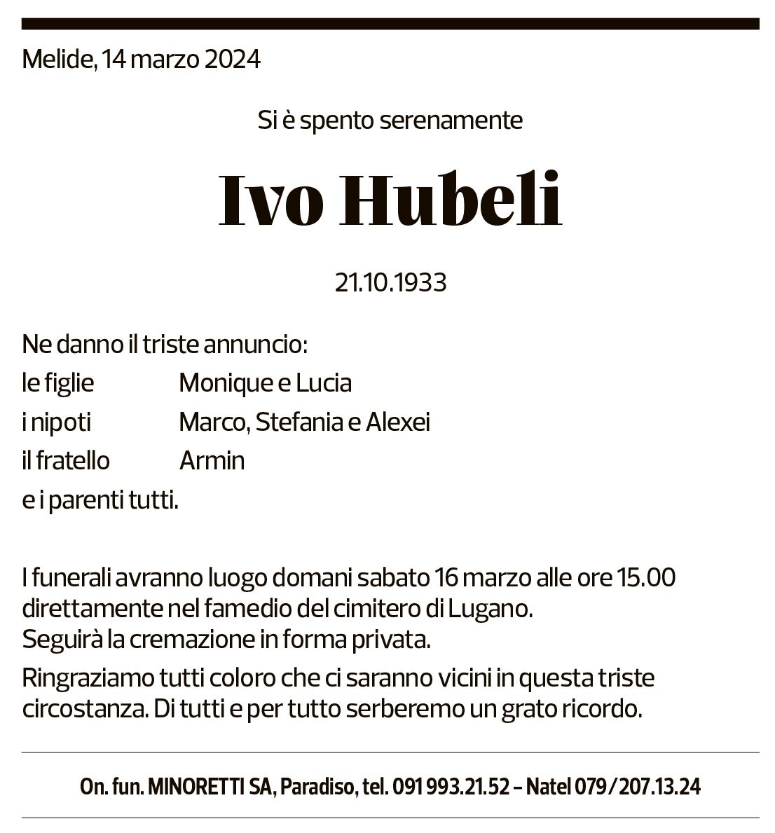 Annuncio funebre Ivo Hubeli