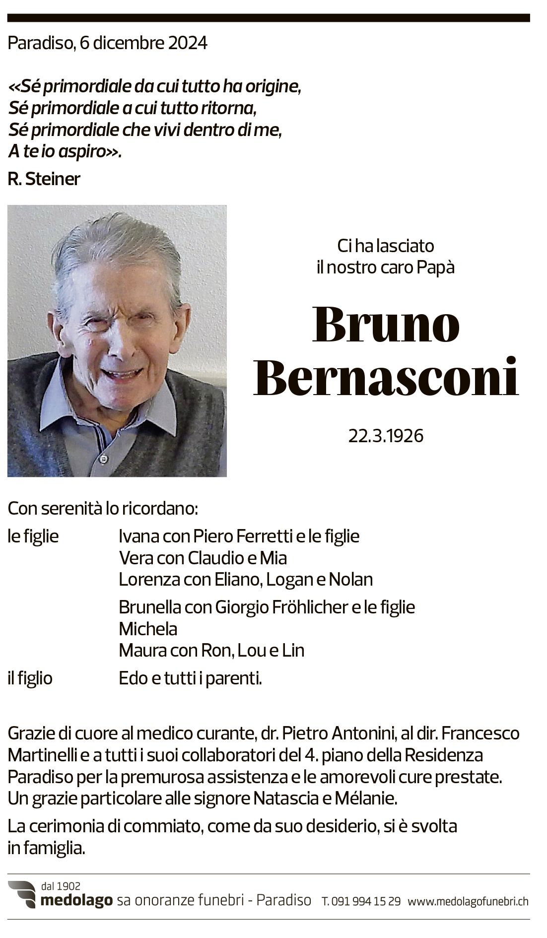 Annuncio funebre Bruno Bernasconi