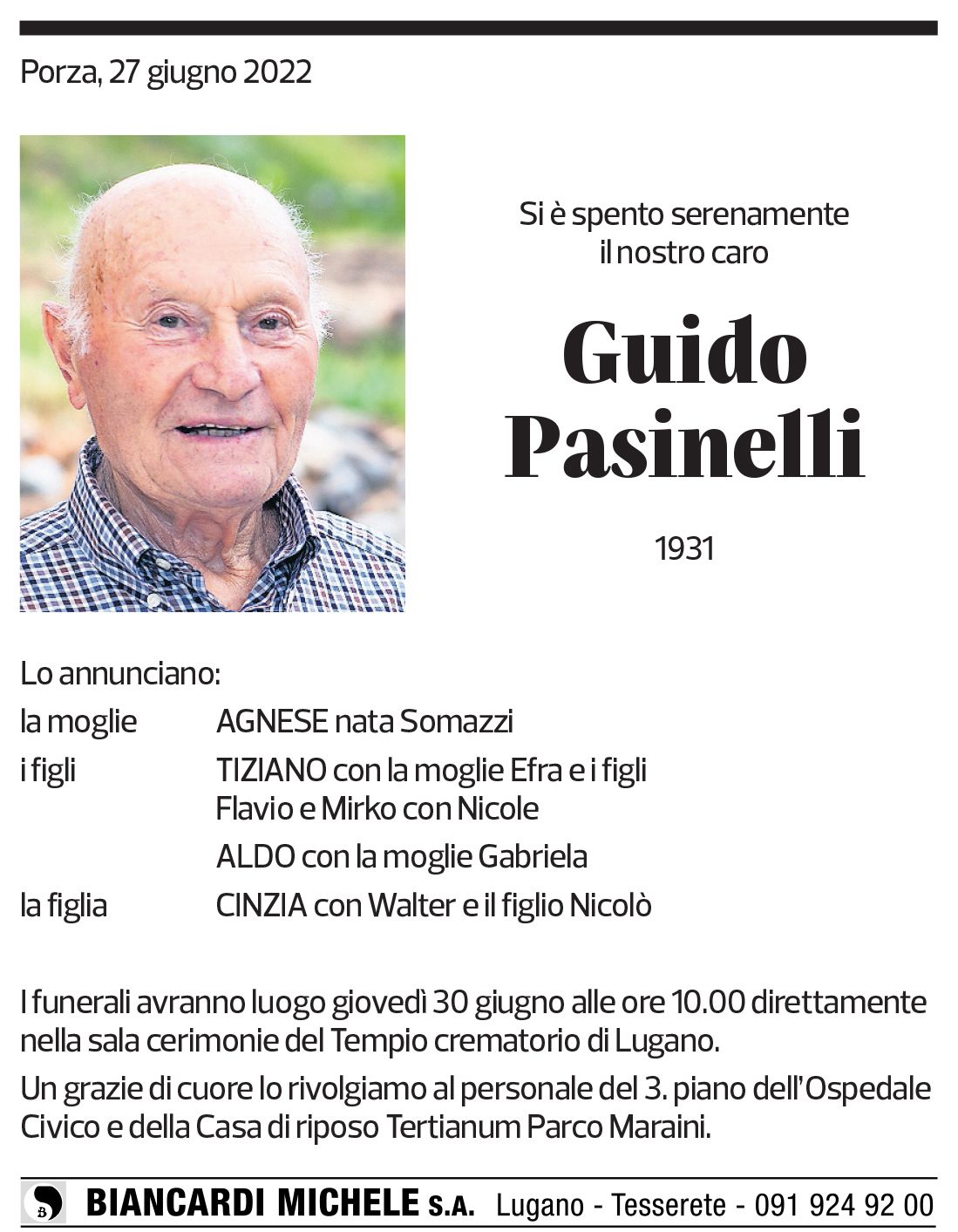 Annuncio funebre Guido Pasinelli