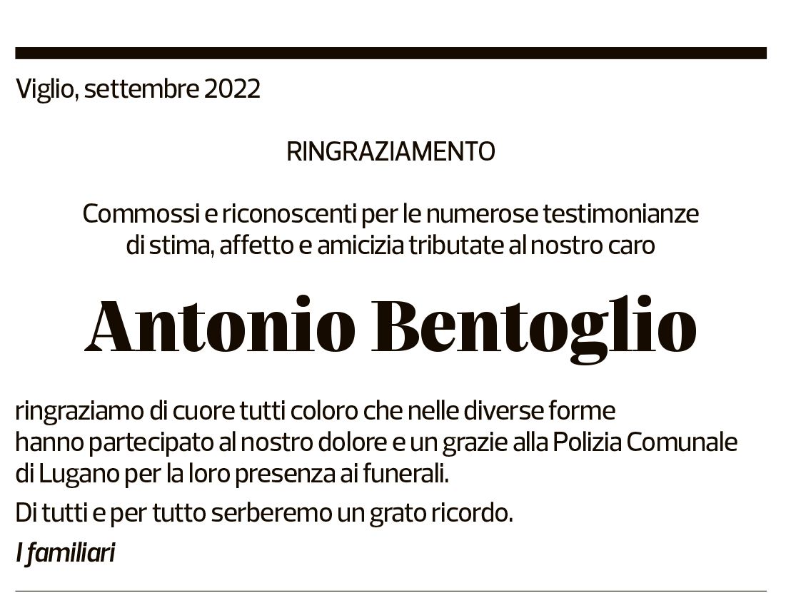 Annuncio funebre Antonio Bentoglio