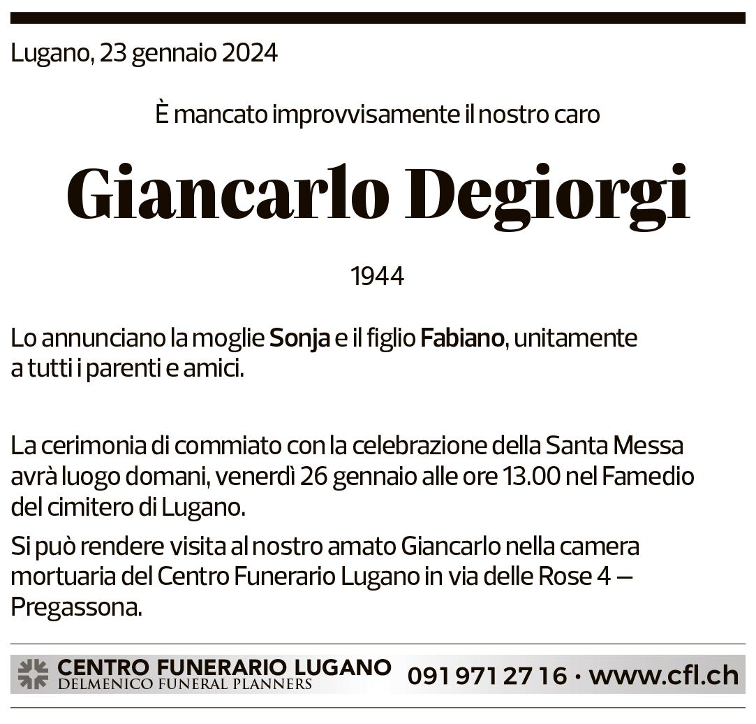 Annuncio funebre Giancarlo Degiorgi